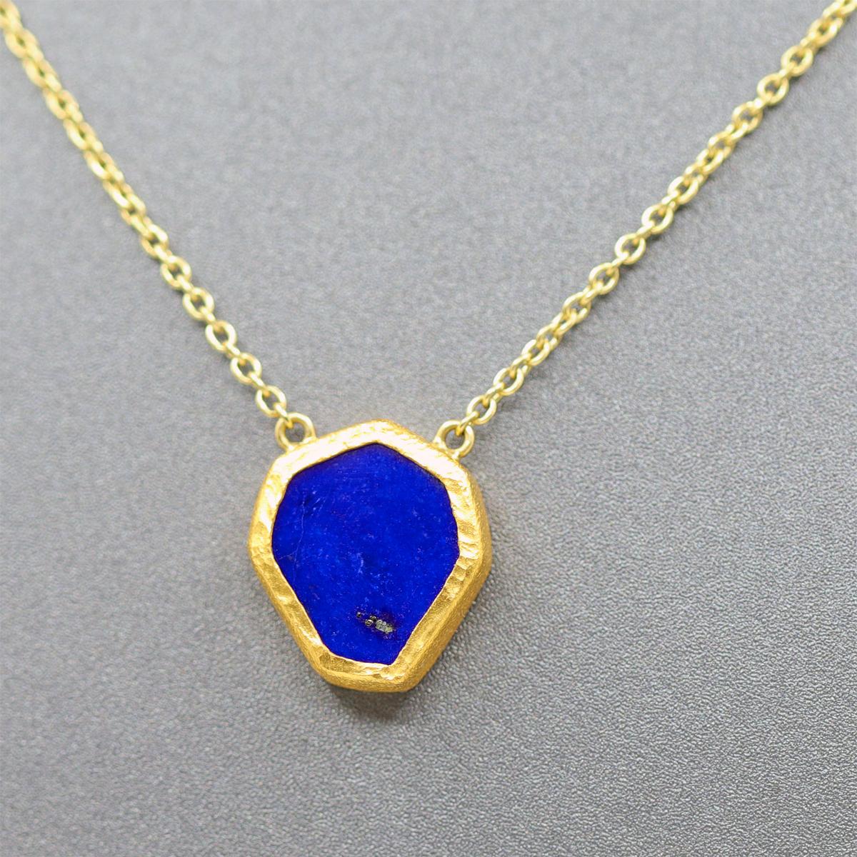 Contemporary Gold Flecked Deep Blue Lapis Lazuli Heptagon Gold Drop Necklace, Devta Doolan