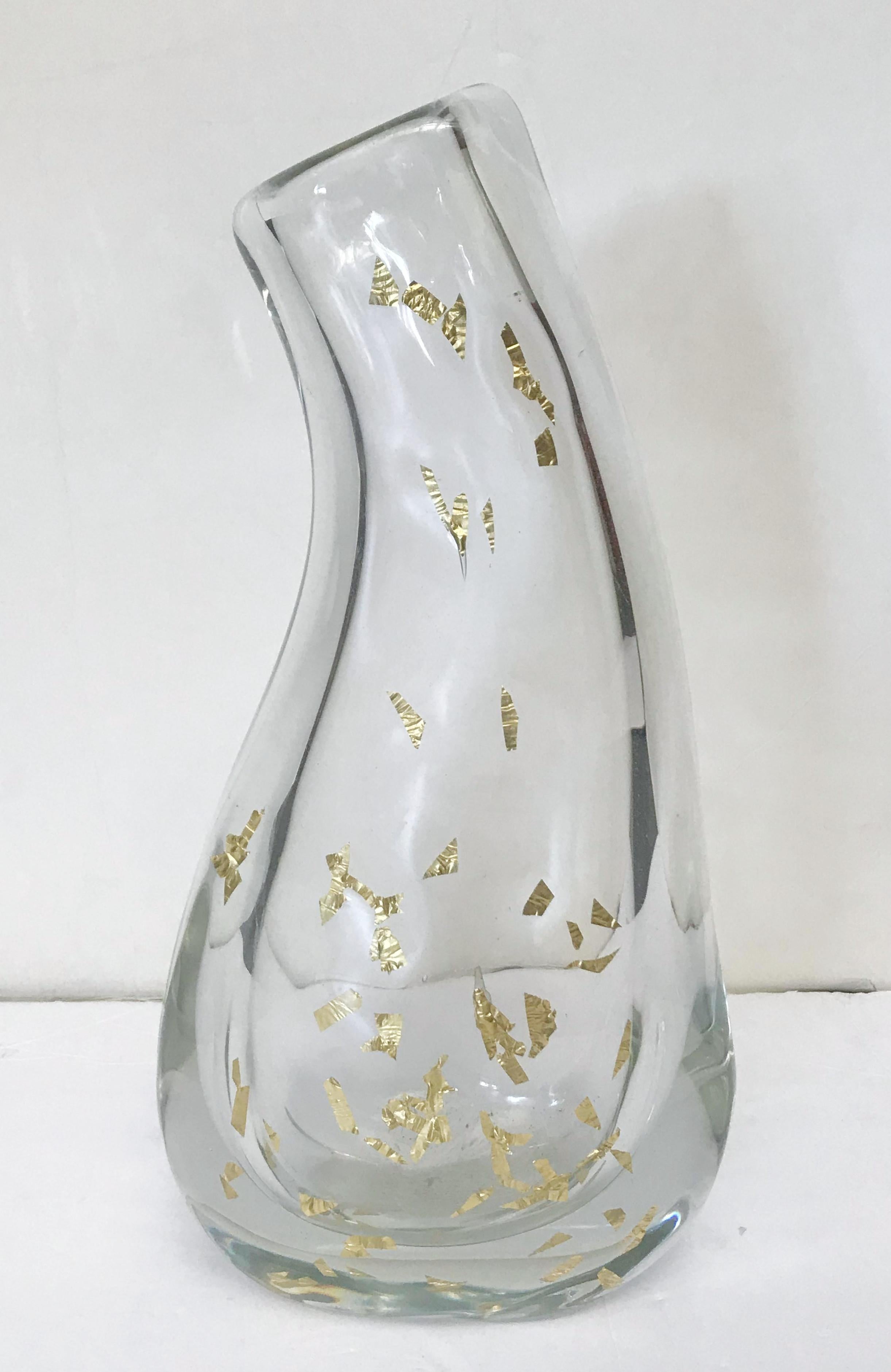Italian clear Murano glass vase hand blown with gold flecks within the glass / Made in Italy, circa 1960s
Signed on the base
Measures: Height 16.5 inches, width 8 inches, depth 5 inches 
1 in stock in Palm Springs currently ON 40% OFF SALE for