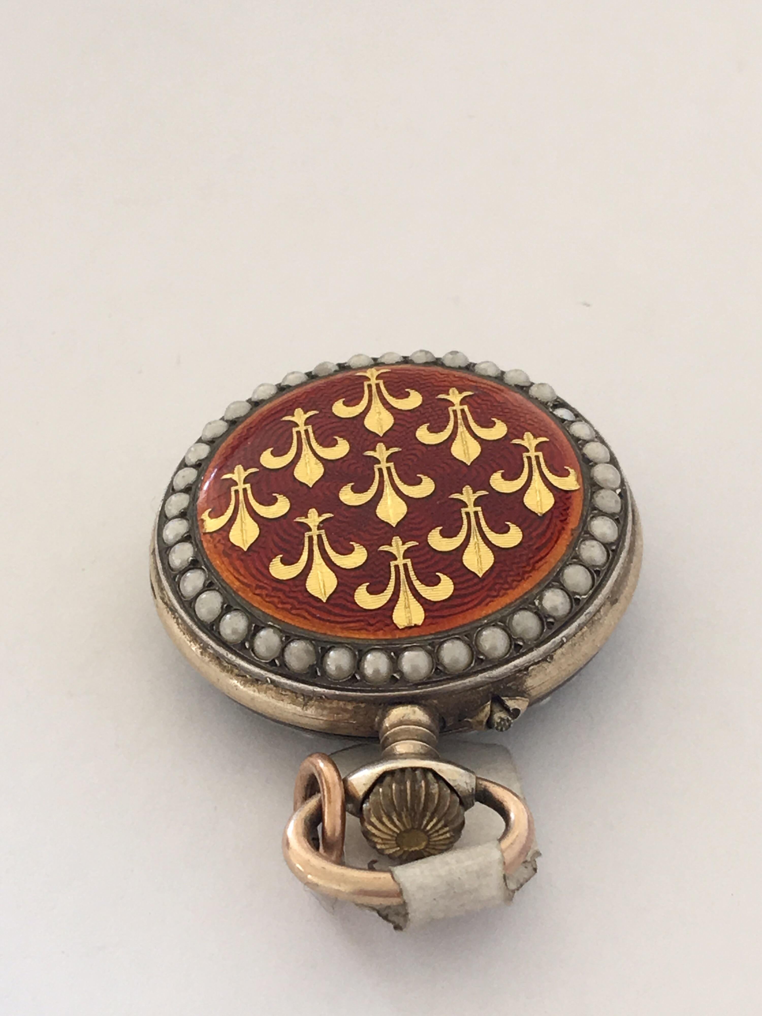 Women's or Men's Gold Fleur-de-lis Inlaid in Red Enamel, Seeded Pearl, Silver and Gold Fob Watch