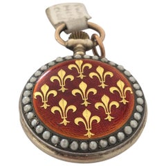 Gold Fleur-de-lis Inlaid in Red Enamel, Seeded Pearl, Silver and Gold Fob Watch