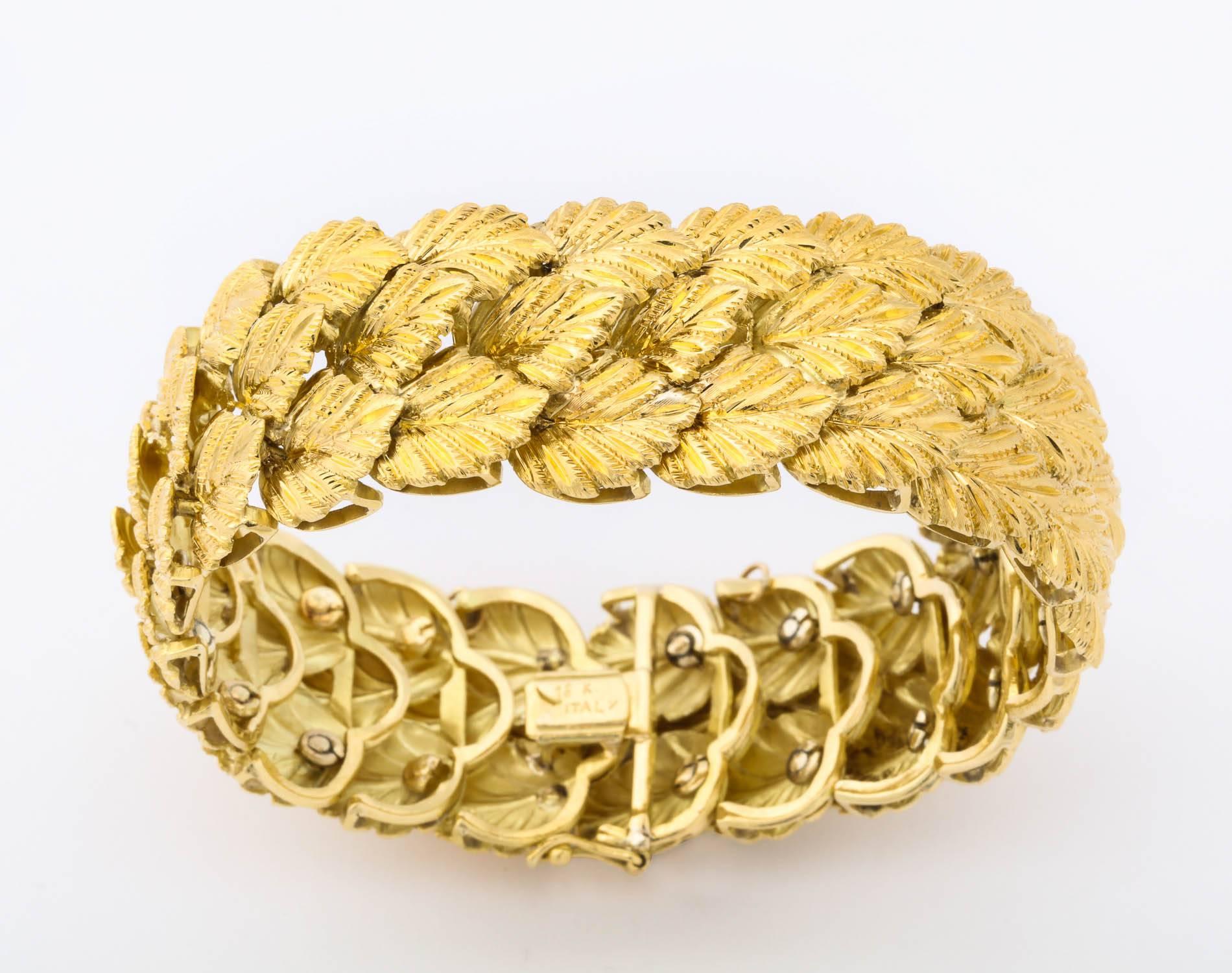 18k yellow gold 3 row textured leaf bracelet,  71.5 grams