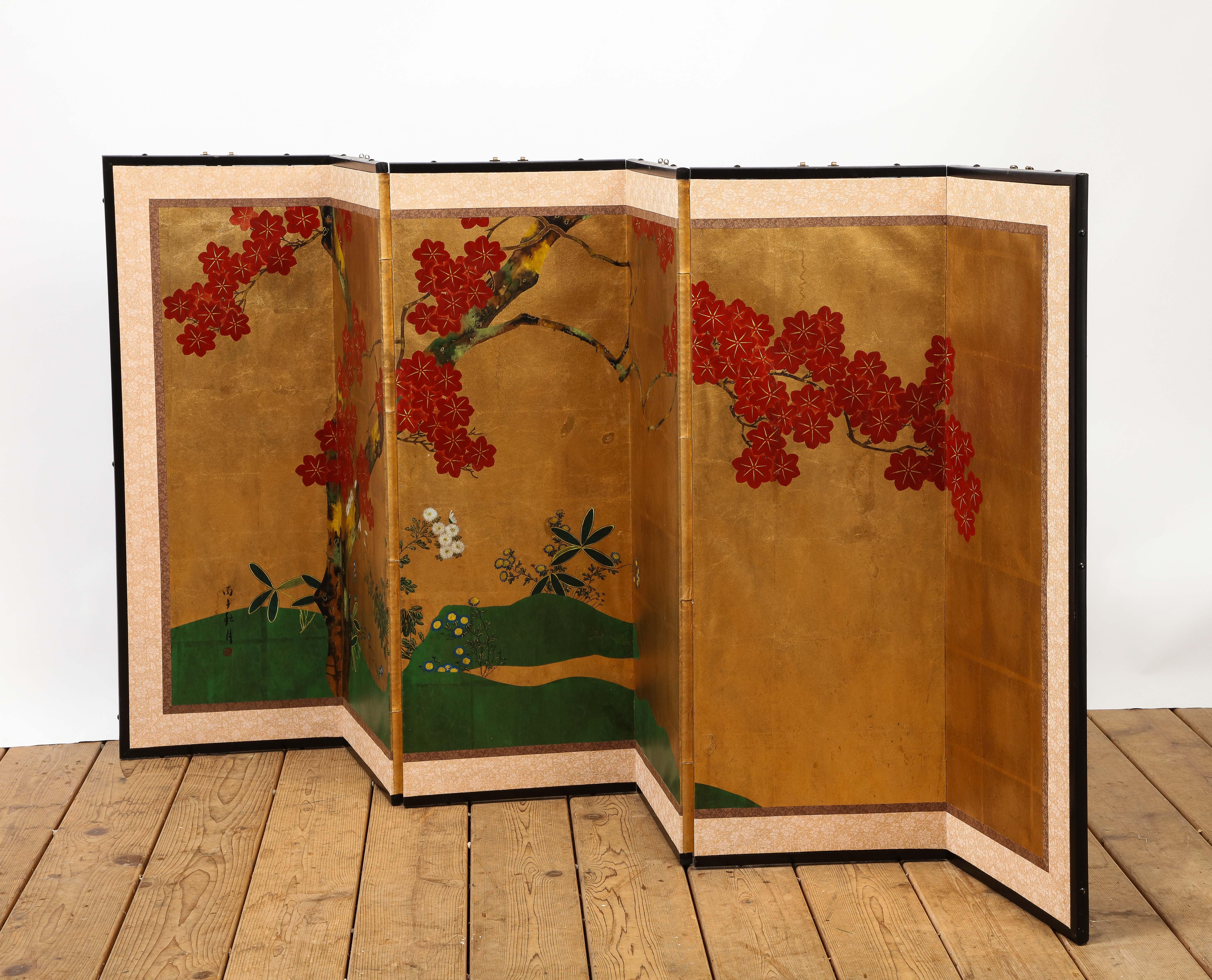 French Gold Floral-Detailed DeGournay Chinoiserie Style 6-Panel Screen For Sale