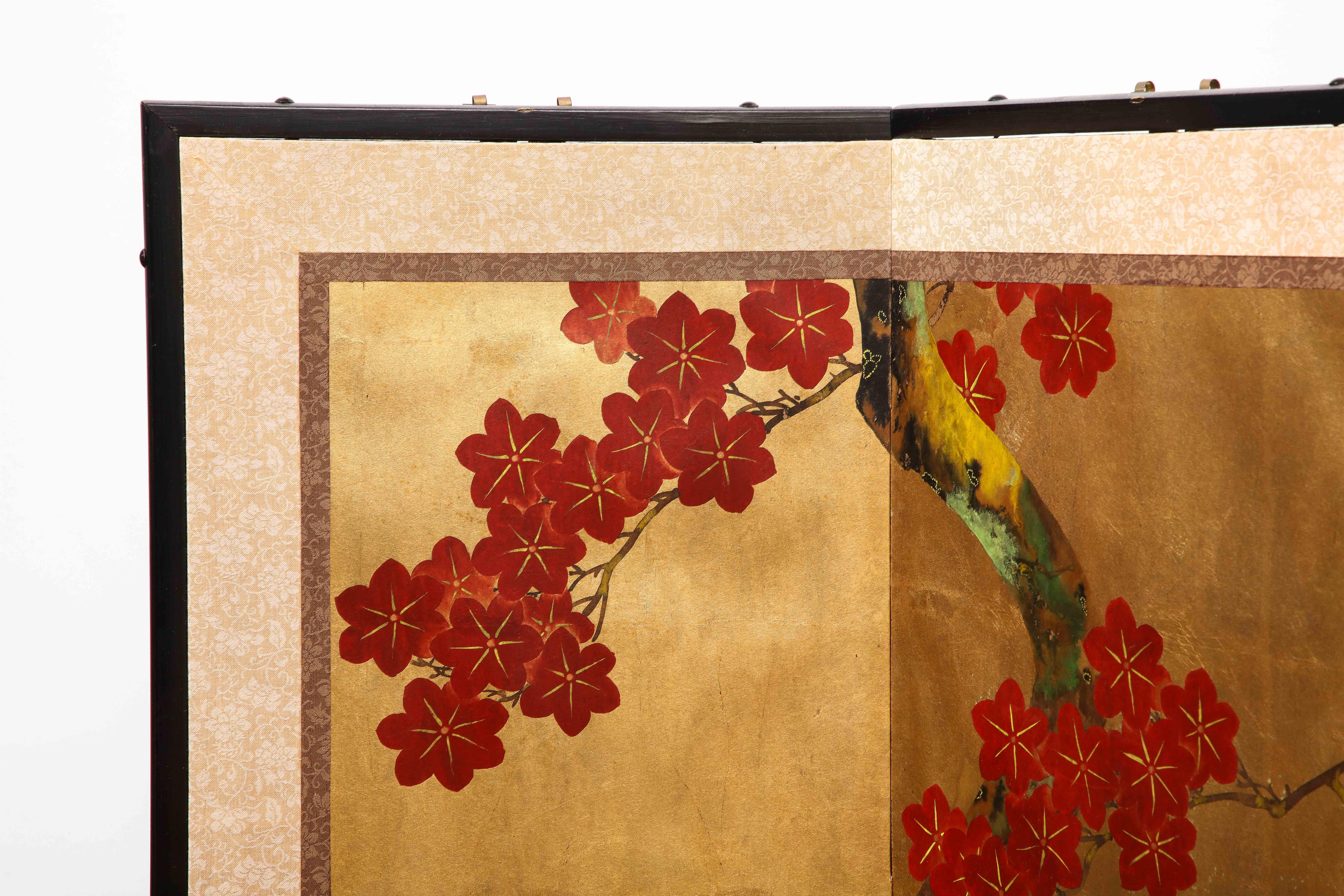 Paper Gold Floral-Detailed DeGournay Chinoiserie Style 6-Panel Screen