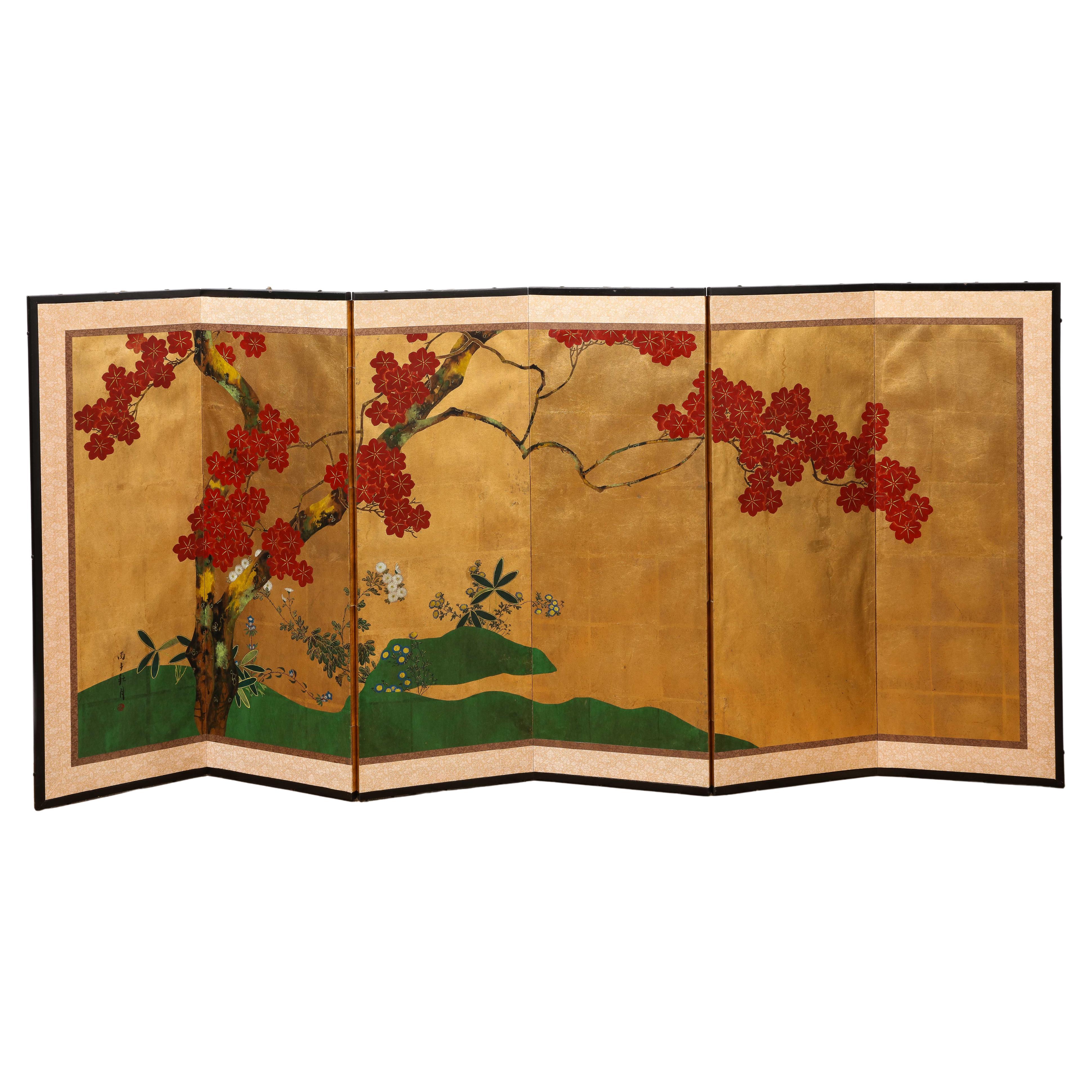 Gold Floral-Detailed DeGournay Chinoiserie Style 6-Panel Screen For Sale