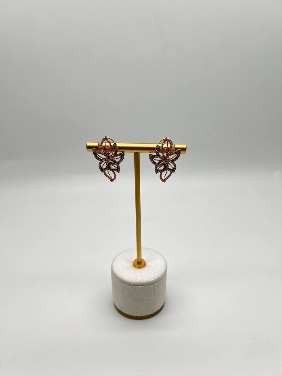 Gold Floral Leaf Symbol White Champagne Diamond Statement 14K Gold Earrings For Sale 2