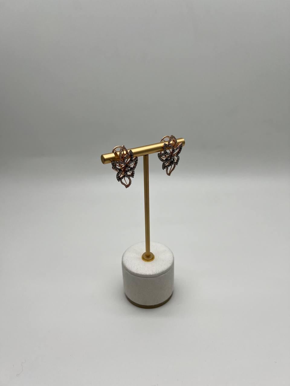 Gold Floral Leaf Symbol White Champagne Diamond Statement 14K Gold Earrings For Sale 4