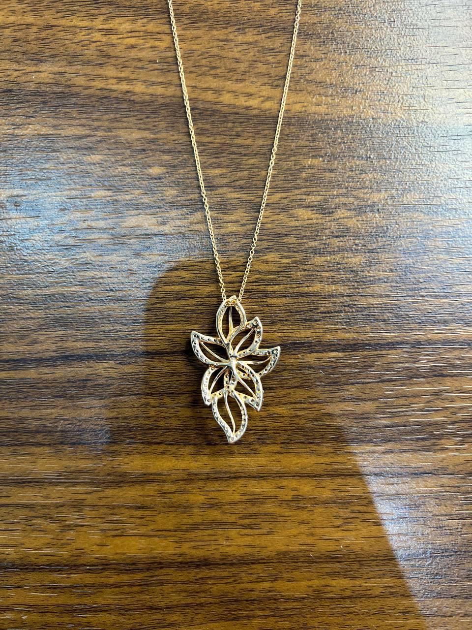 Gold Floral Leaf White Champagne Diamond Statement 14K Gold Pendant Necklace For Sale 5