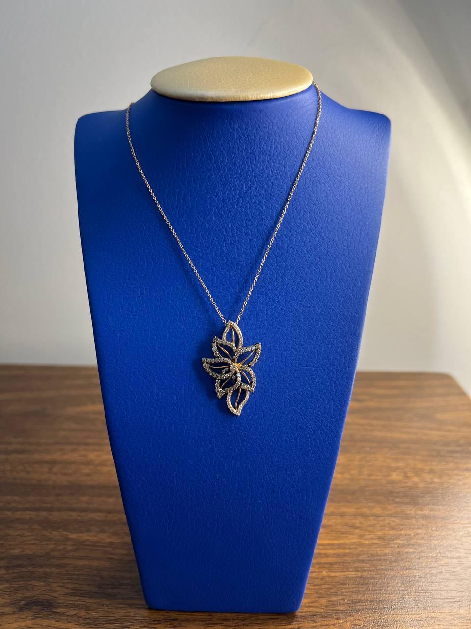 Women's Gold Floral Leaf White Champagne Diamond Statement 14K Gold Pendant Necklace For Sale
