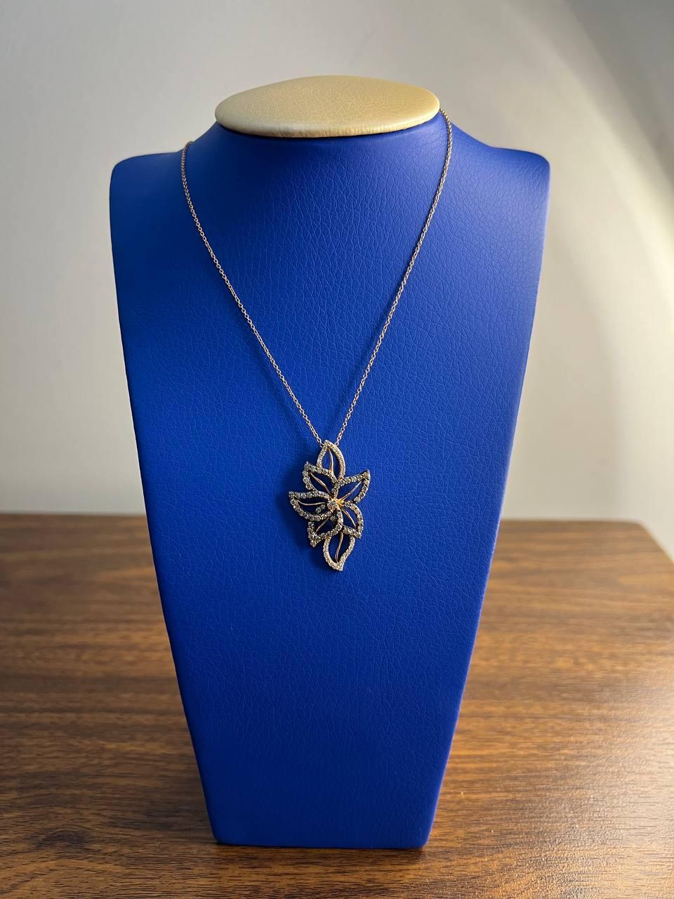 Gold Floral Leaf White Champagne Diamond Statement 14K Gold Pendant Necklace For Sale 1