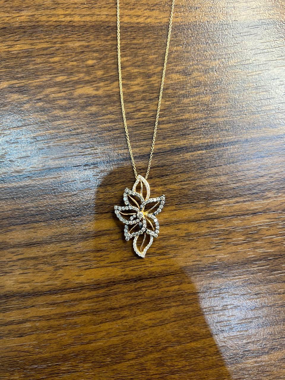 Gold Floral Leaf White Champagne Diamond Statement 14K Gold Pendant Necklace For Sale 3