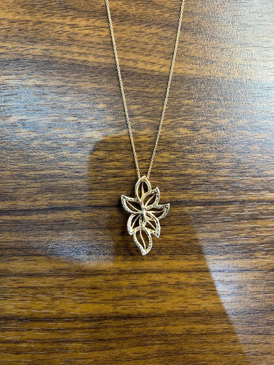 Gold Floral Leaf White Champagne Diamond Statement 14K Gold Pendant Necklace For Sale 4