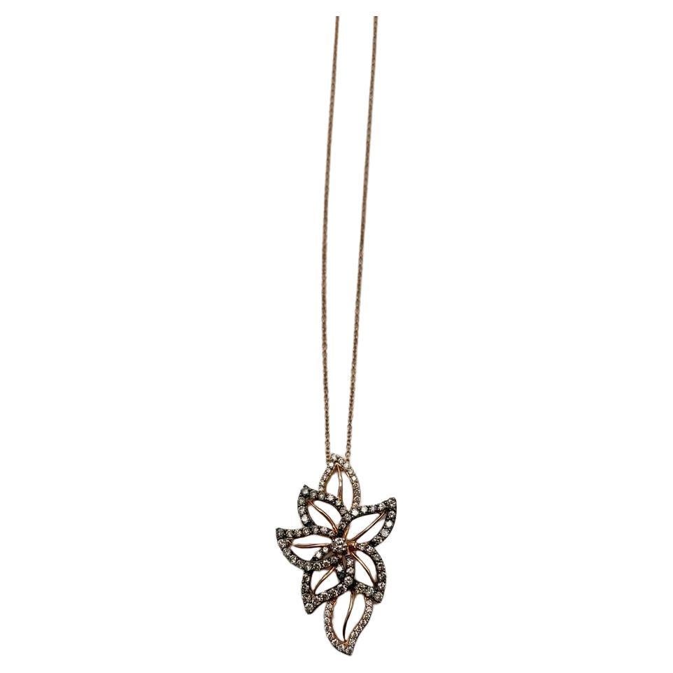 Gold Floral Leaf White Champagne Diamond Statement 14K Gold Pendant Necklace For Sale