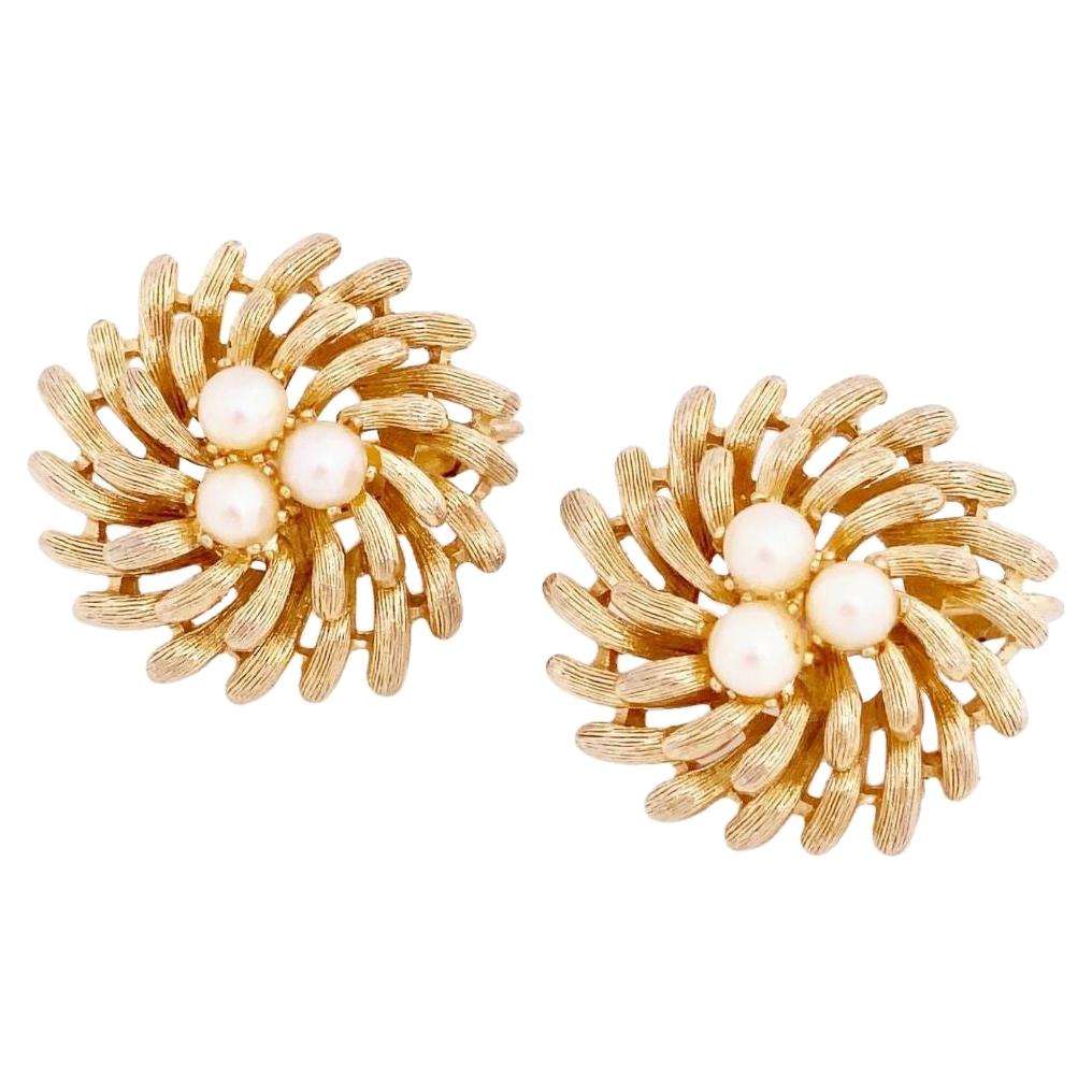 Gold Floral Pinwheel Earrings With Pearl Detail By Lisner, 1960s