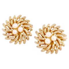 Vintage Gold Floral Pinwheel Earrings With Pearl Detail By Lisner, 1960s