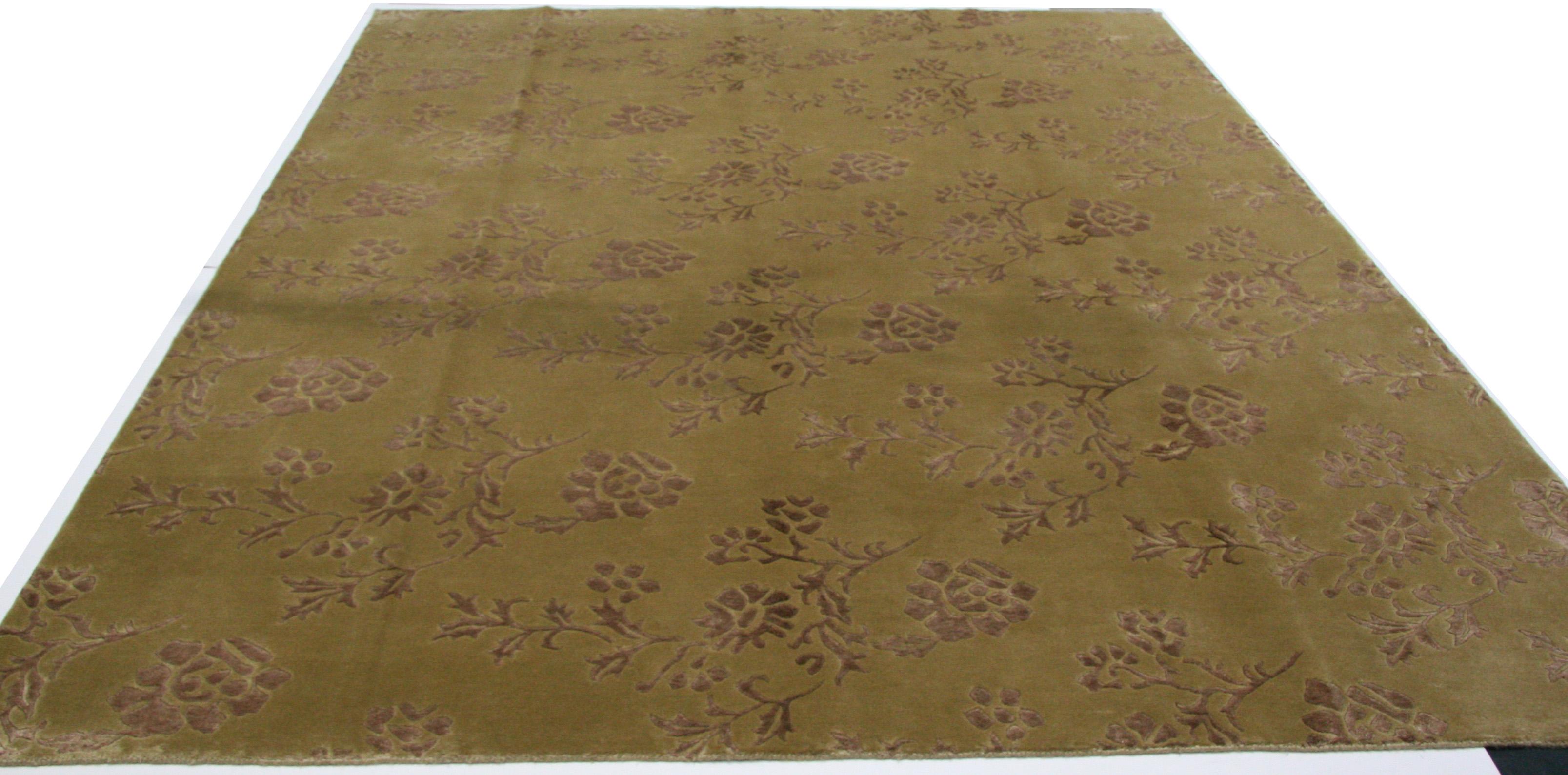 Hand-Knotted Gold Floral Wool and Silk Area Rug For Sale