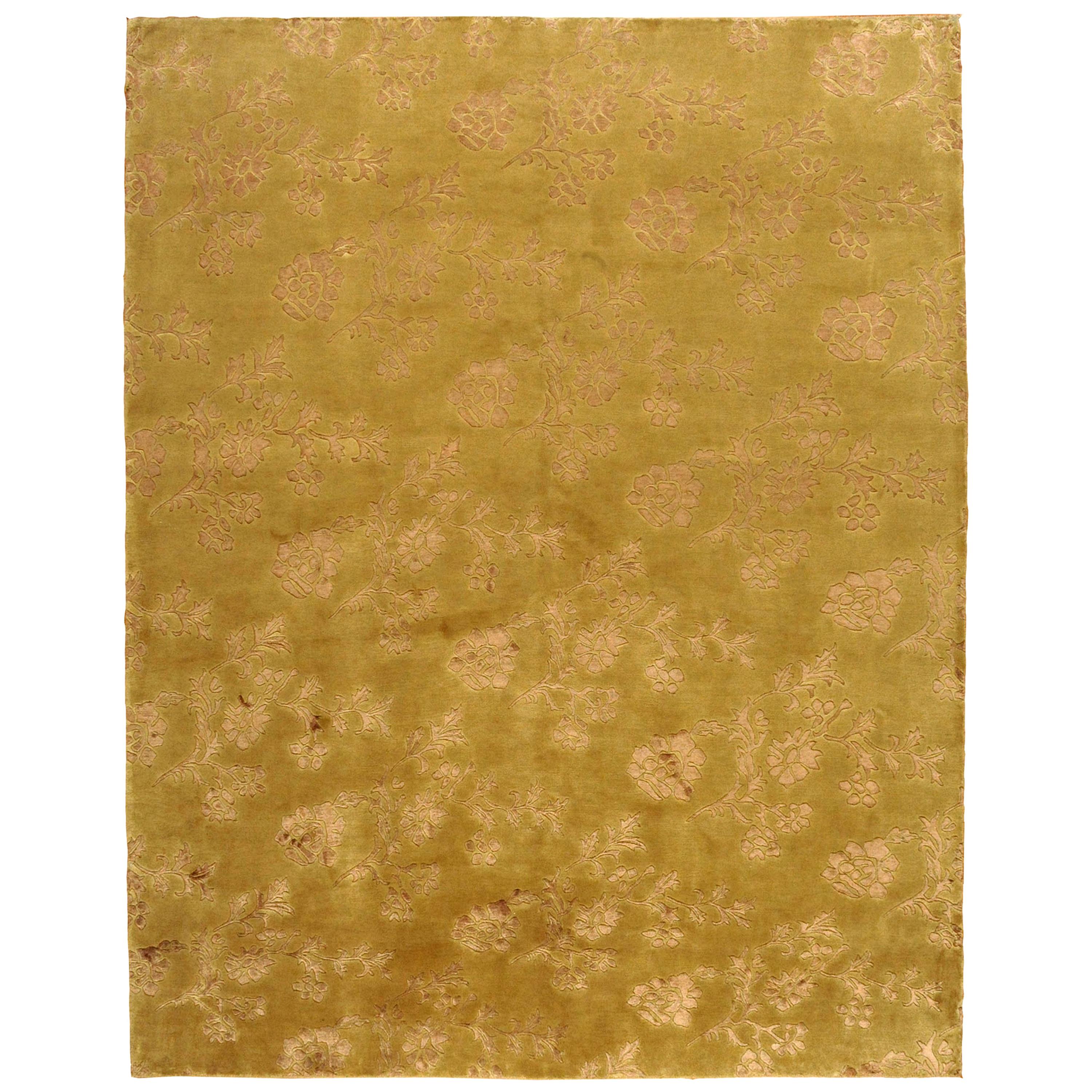 Gold Floral Wool and Silk Area Rug For Sale