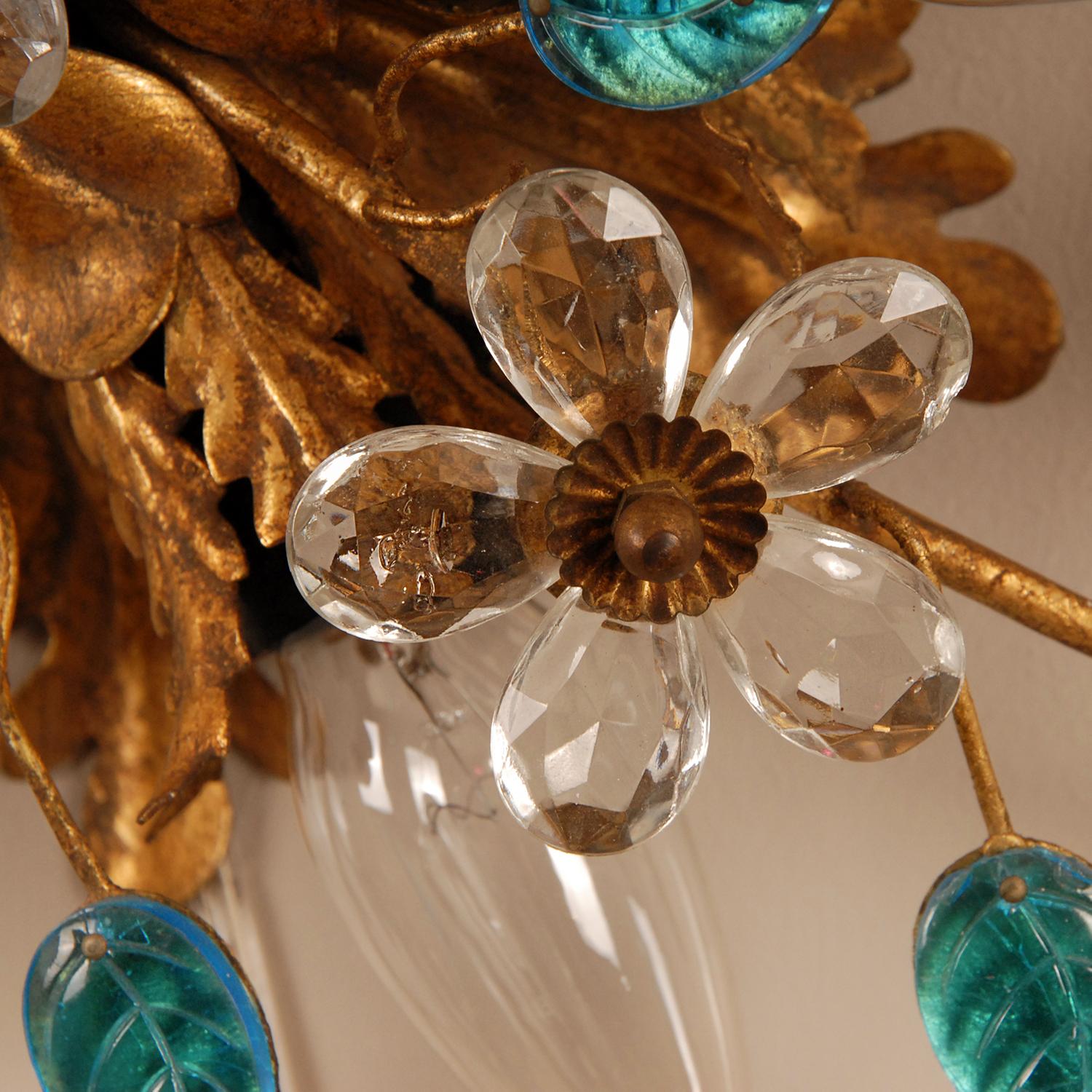 Murano Glass Gold Florentiner Flush Mount Turquoise Crystal Flowers Italian Banci Sunburst