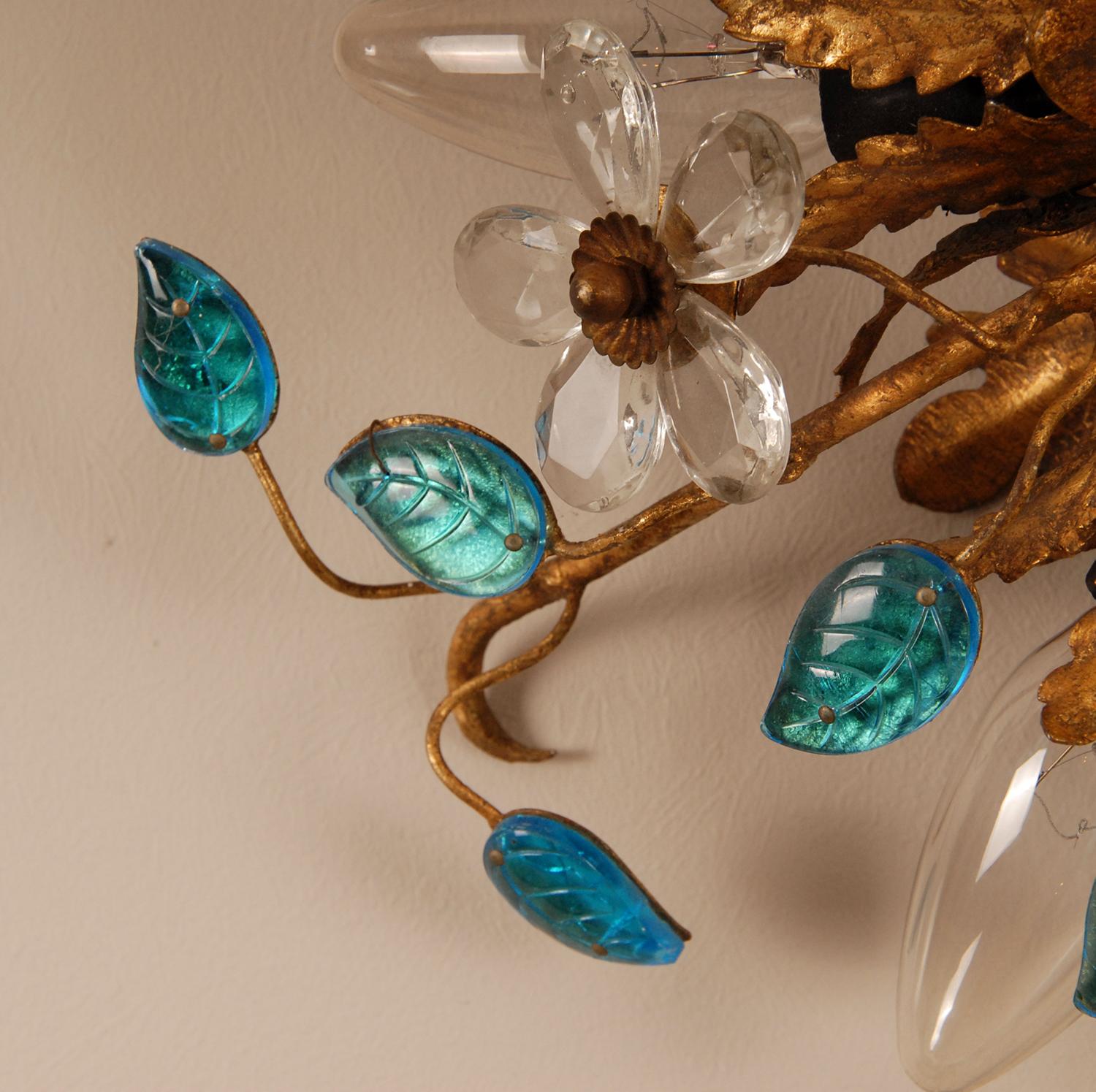 Mid-Century Modern Gold Florentiner Flush Mount Turquoise Crystal Flowers Italian Banci Sunburst