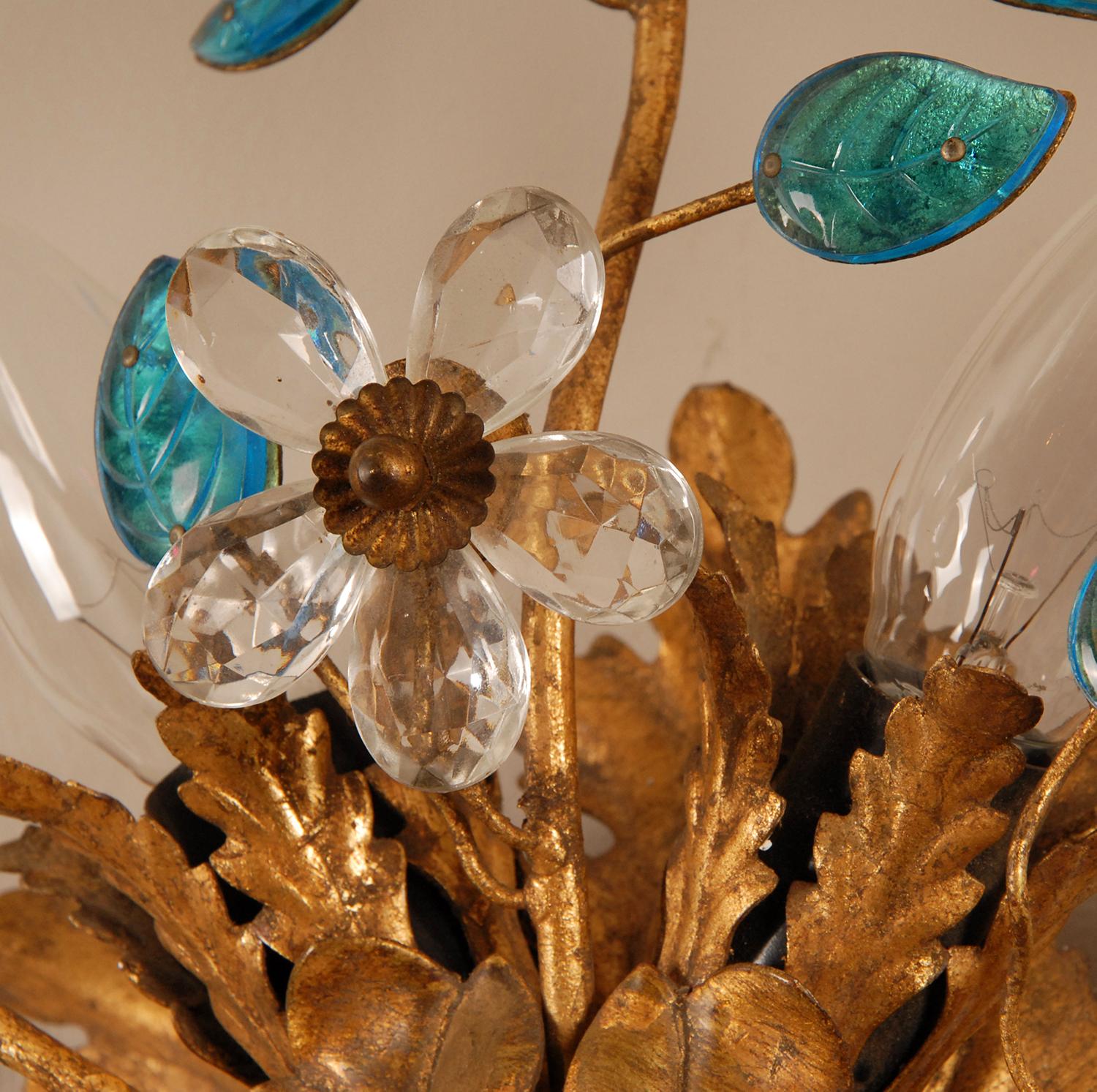 Hand-Crafted Gold Florentiner Flush Mount Turquoise Crystal Flowers Italian Banci Sunburst