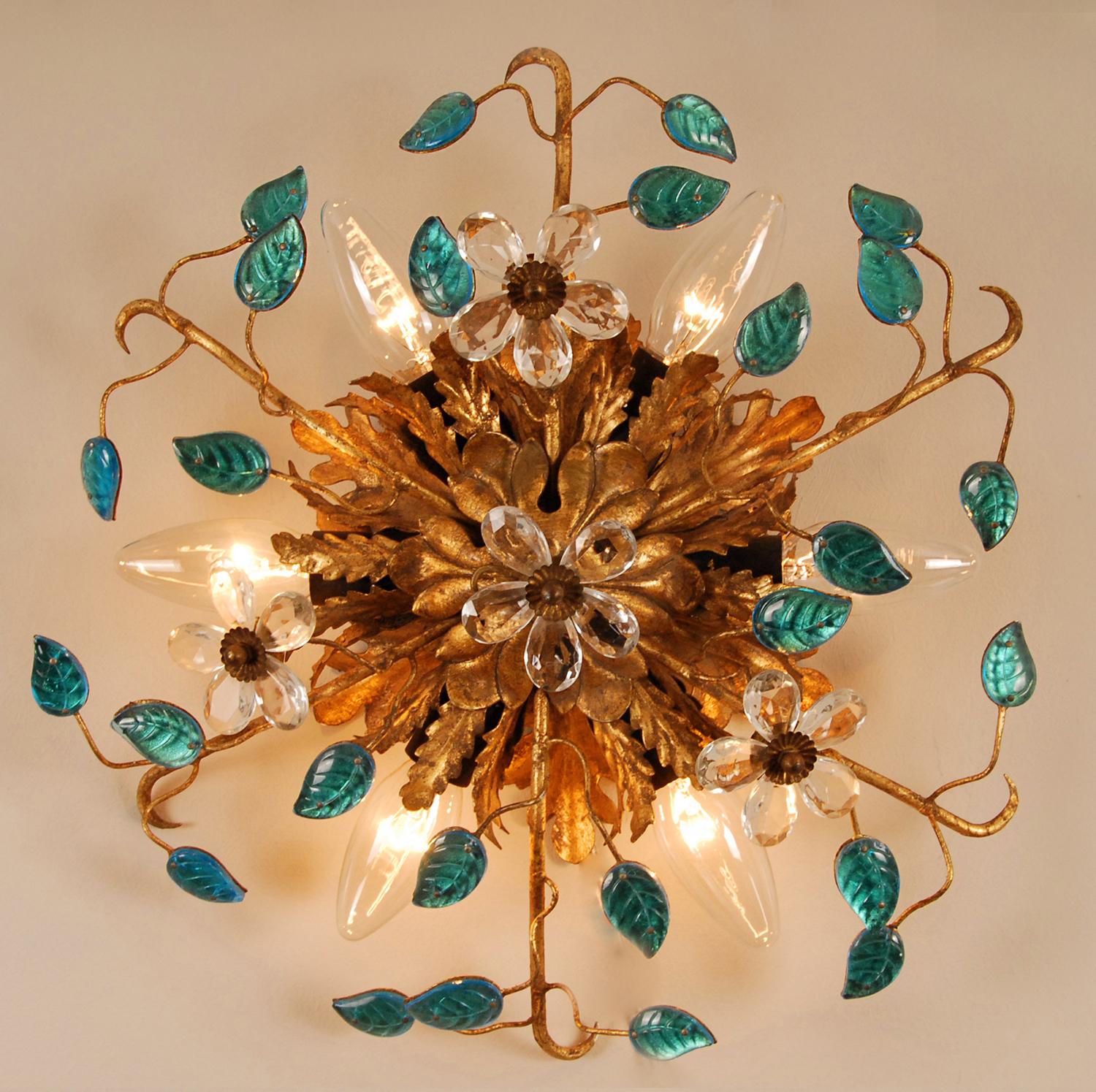 Gold Florentiner Flush Mount Turquoise Crystal Flowers Italian Banci Sunburst In Good Condition In Wommelgem, VAN