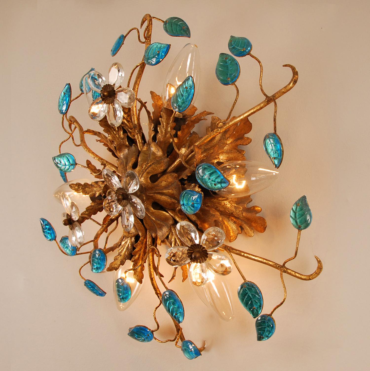 Mid-20th Century Gold Florentiner Flush Mount Turquoise Crystal Flowers Italian Banci Sunburst