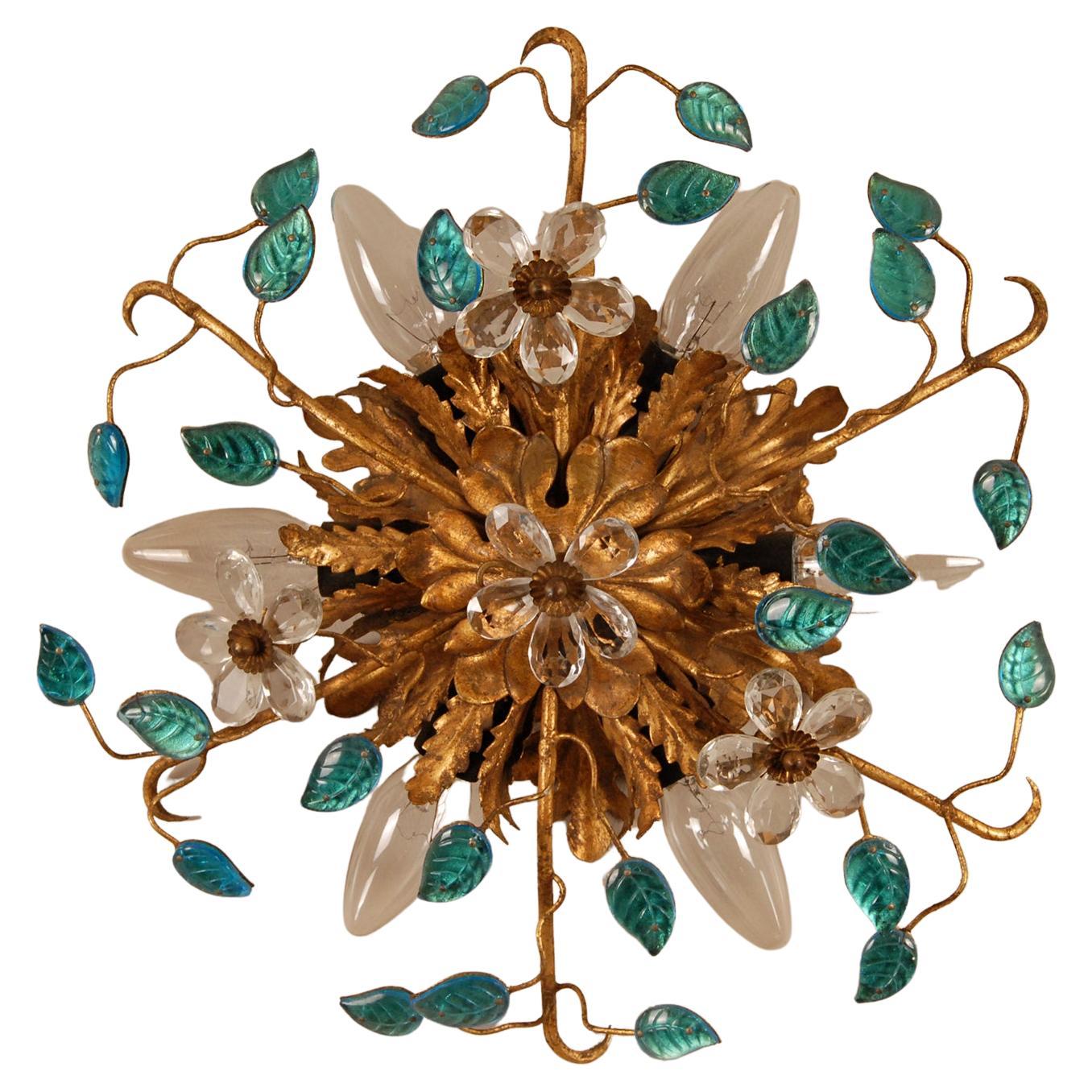 Gold Florentiner Flush Mount Turquoise Crystal Flowers Italian Banci Sunburst