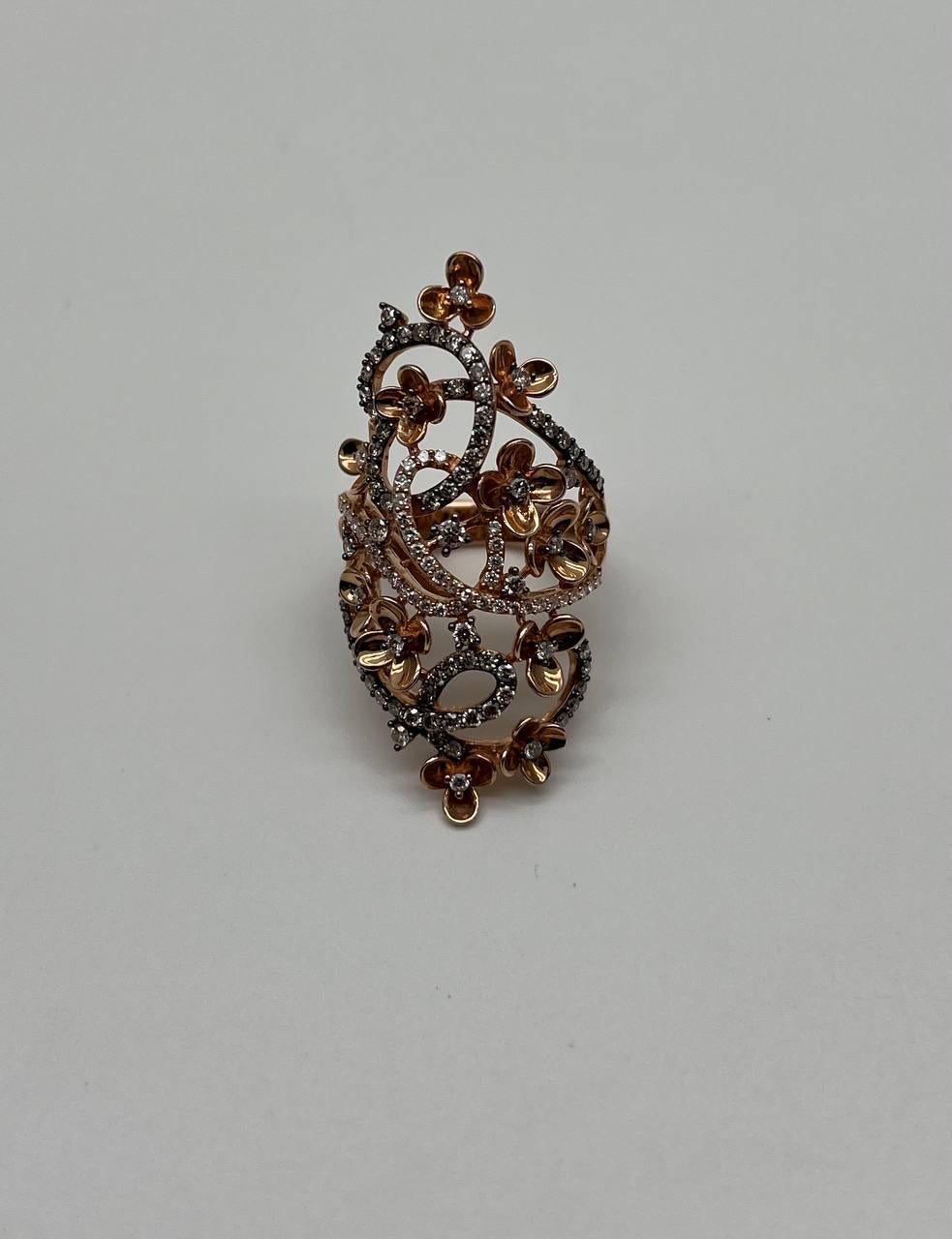 Gold Flower Design Looped White Brown Diamonds Statement Floral Design Full Ring For Sale 6