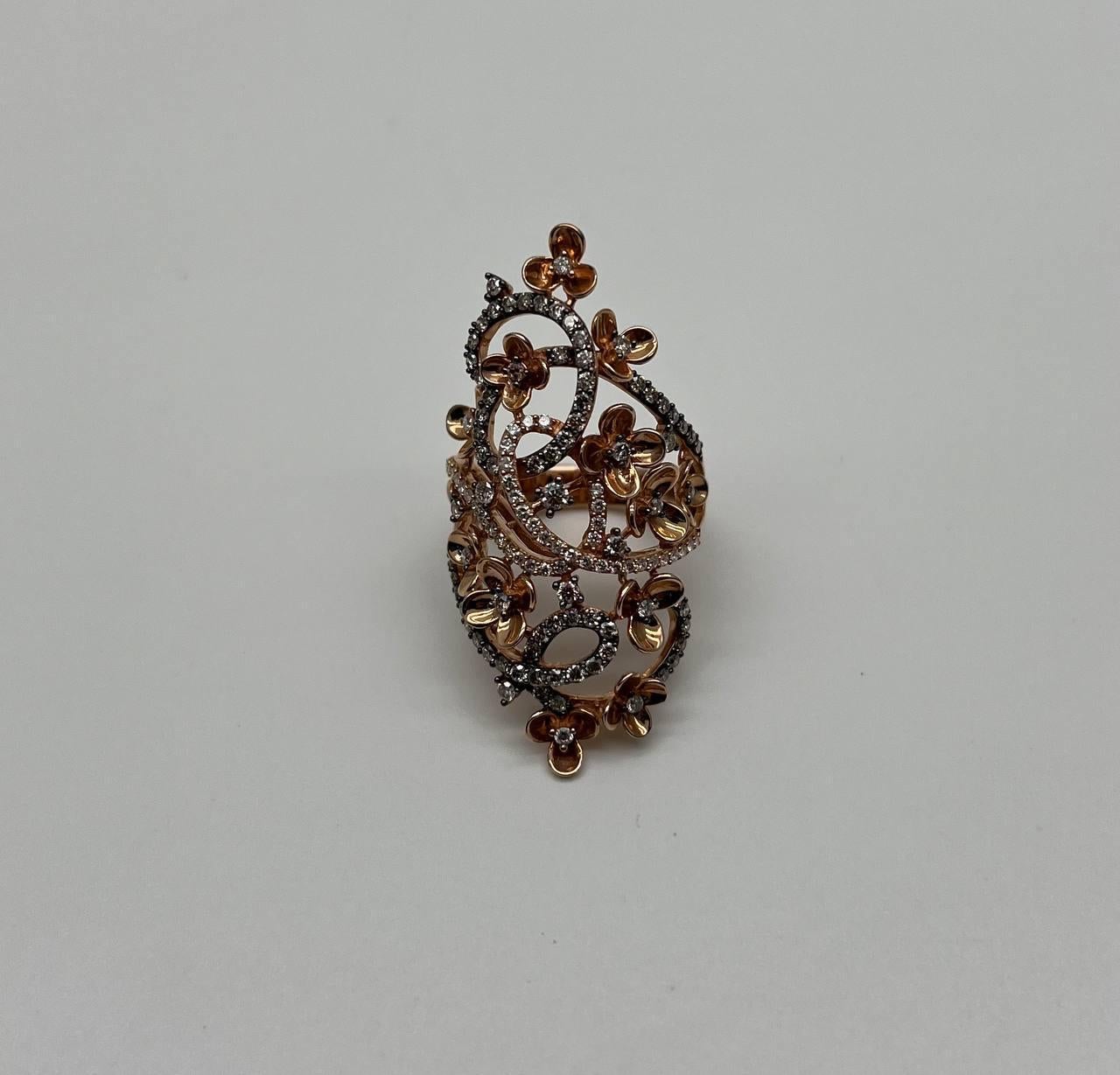 Gold Flower Design Looped White Brown Diamonds Statement Floral Design Full Ring For Sale 7