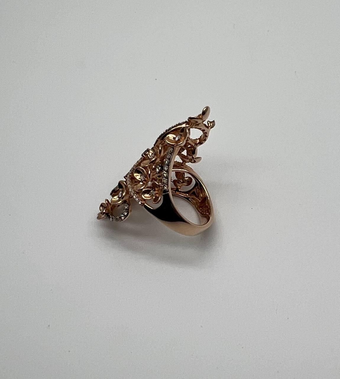 Gold Flower Design Looped White Brown Diamonds Statement Floral Design Full Ring For Sale 10