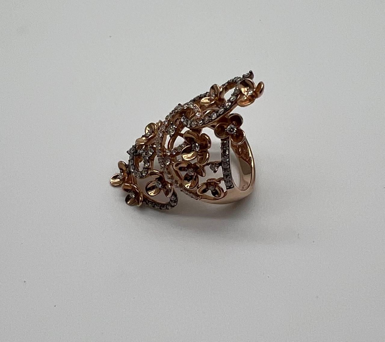 Gold Flower Design Looped White Brown Diamonds Statement Floral Design Full Ring For Sale 11