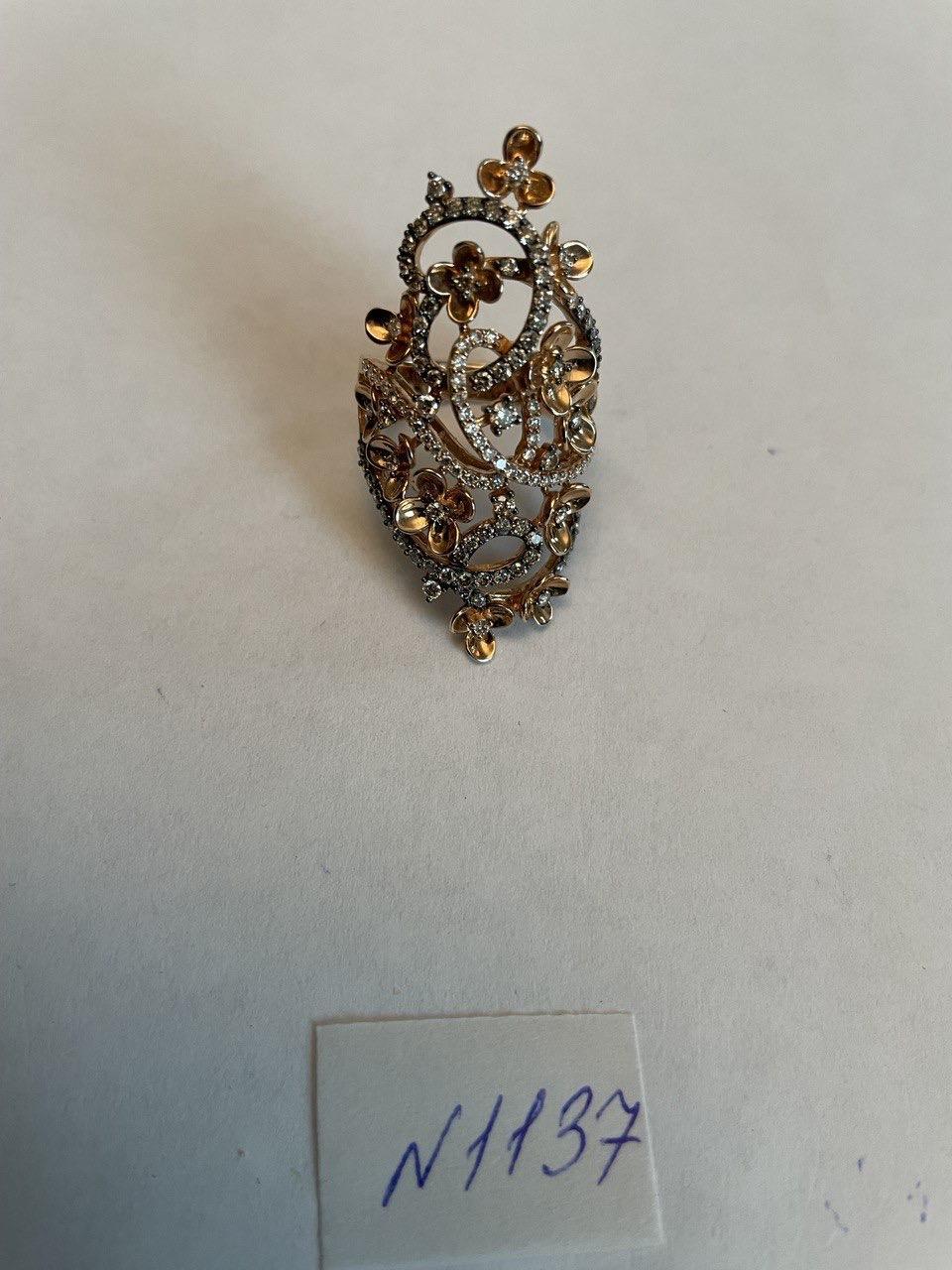 Gold Flower Design Looped White Brown Diamonds Statement Floral Design Full Ring For Sale 12
