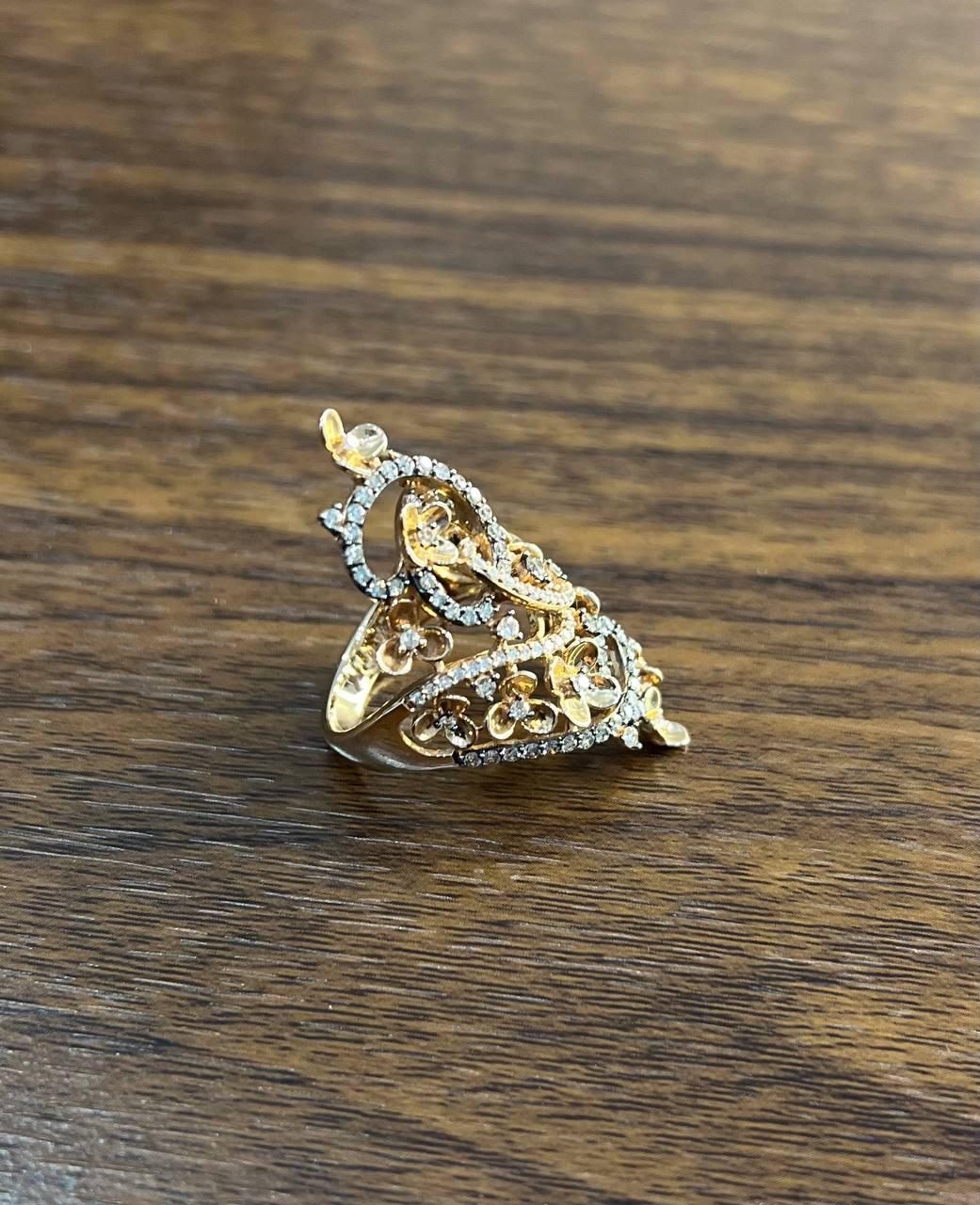 Mixed Cut Gold Flower Design Looped White Brown Diamonds Statement Floral Design Full Ring For Sale