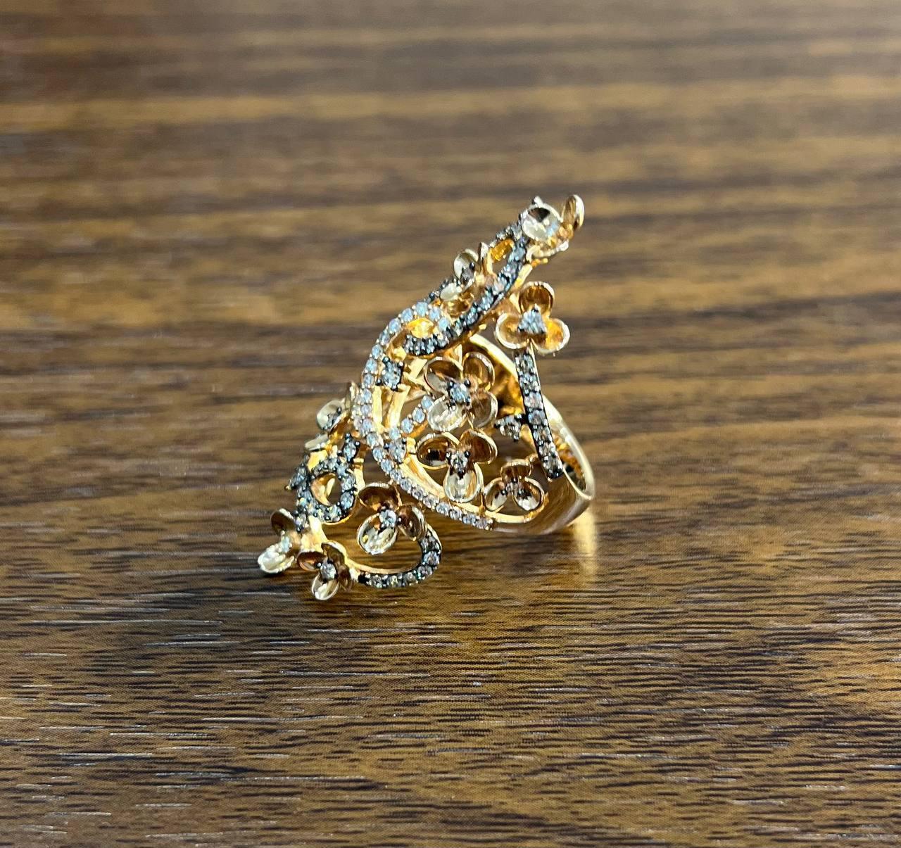 Women's Gold Flower Design Looped White Brown Diamonds Statement Floral Design Full Ring For Sale