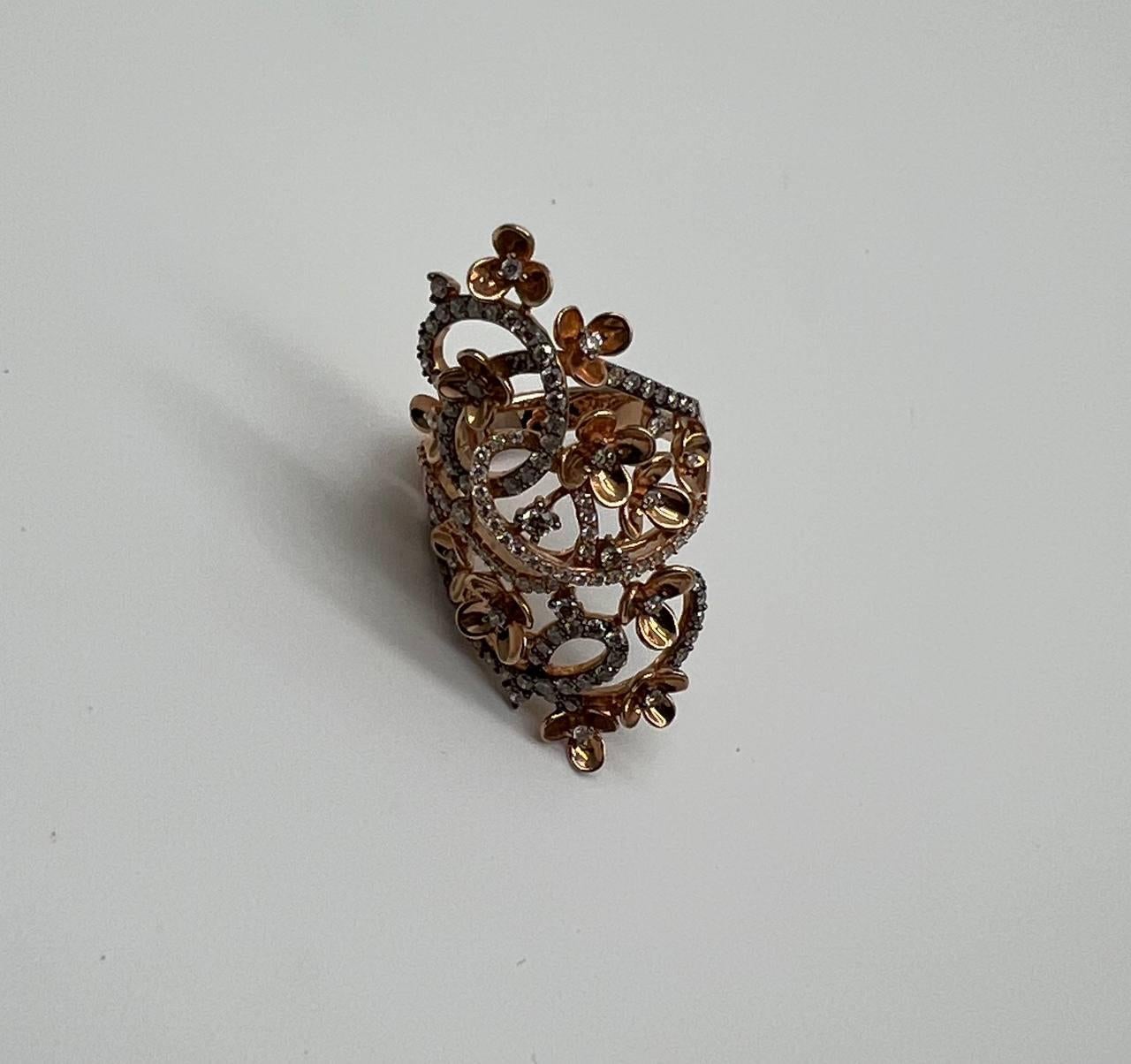 Gold Flower Design Looped White Brown Diamonds Statement Floral Design Full Ring For Sale 1