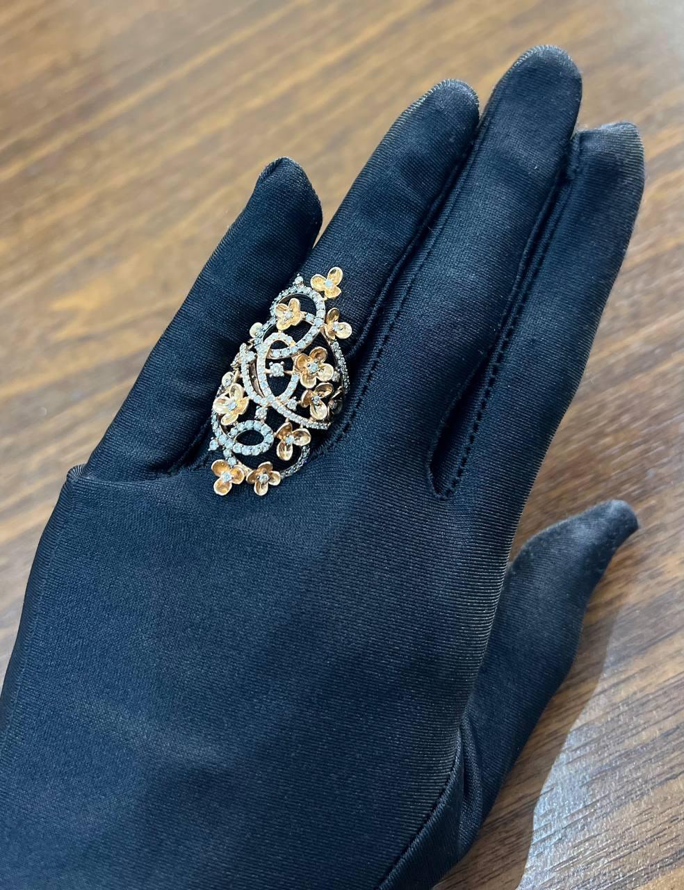 Gold Flower Design Looped White Brown Diamonds Statement Floral Design Full Ring For Sale 4