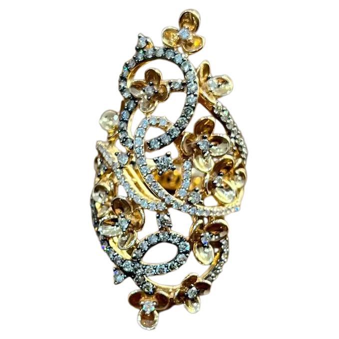 Gold Flower Design Looped White Brown Diamonds Statement Floral Design Full Ring For Sale
