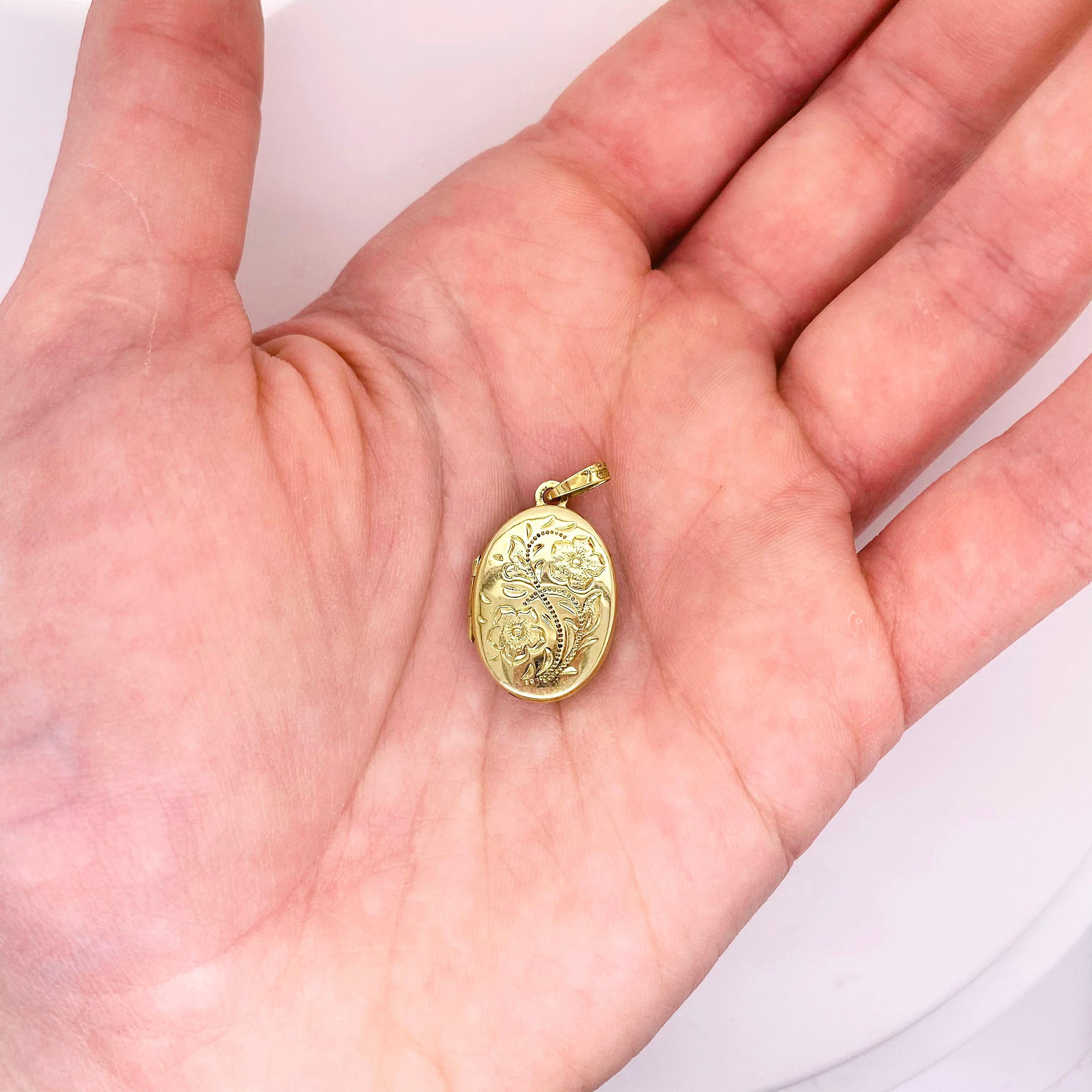 You won't believe how stunning and versatile this locket is! This gorgeous 14K yellow gold floral necklace is fashionable enough to wear every day yet special enough to wear on your wedding day. Pick a picture or small object close to your heart and