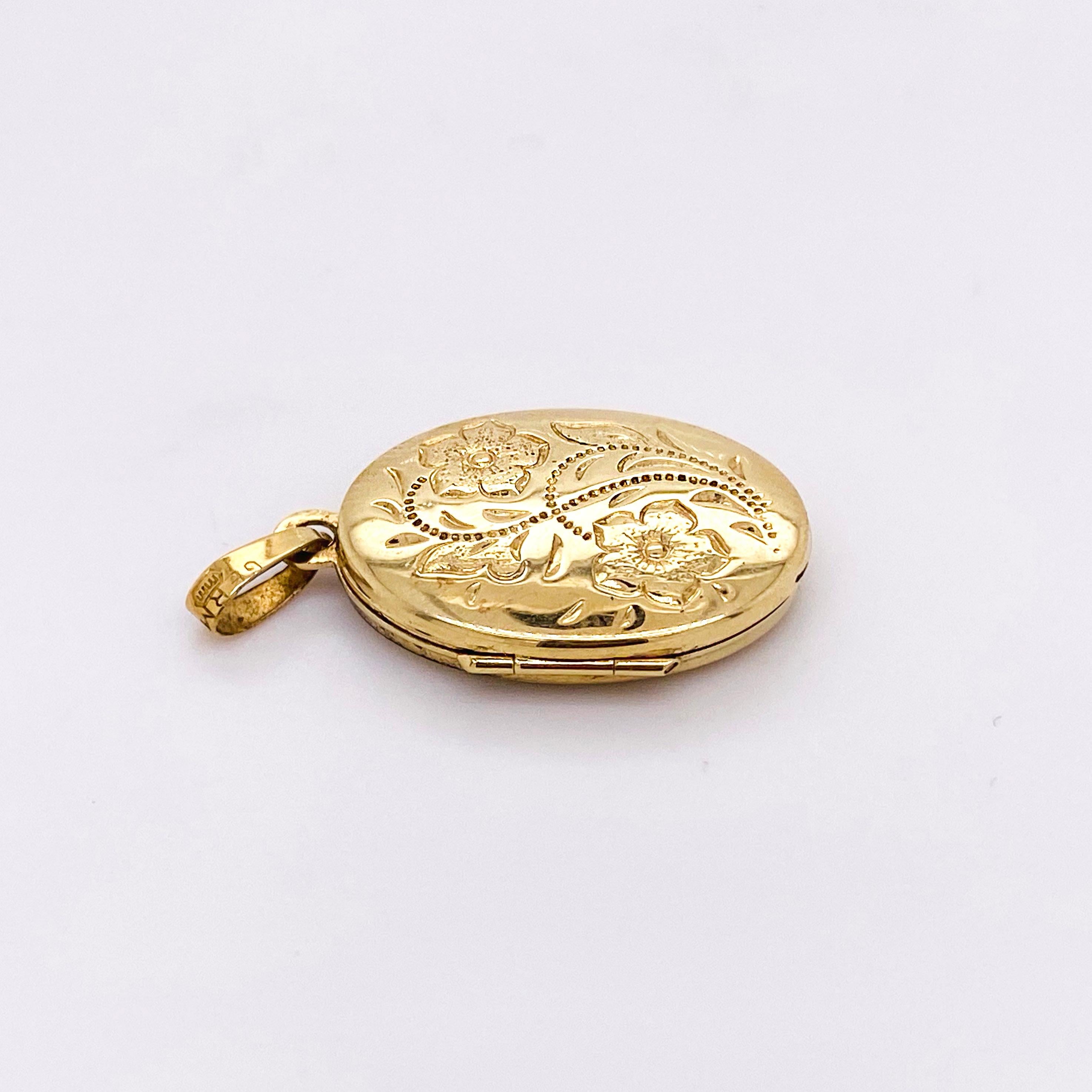 Modern Gold Flower Locket, Vintage Inspired 14 Karat Gold Floral Oval Engraved Necklace
