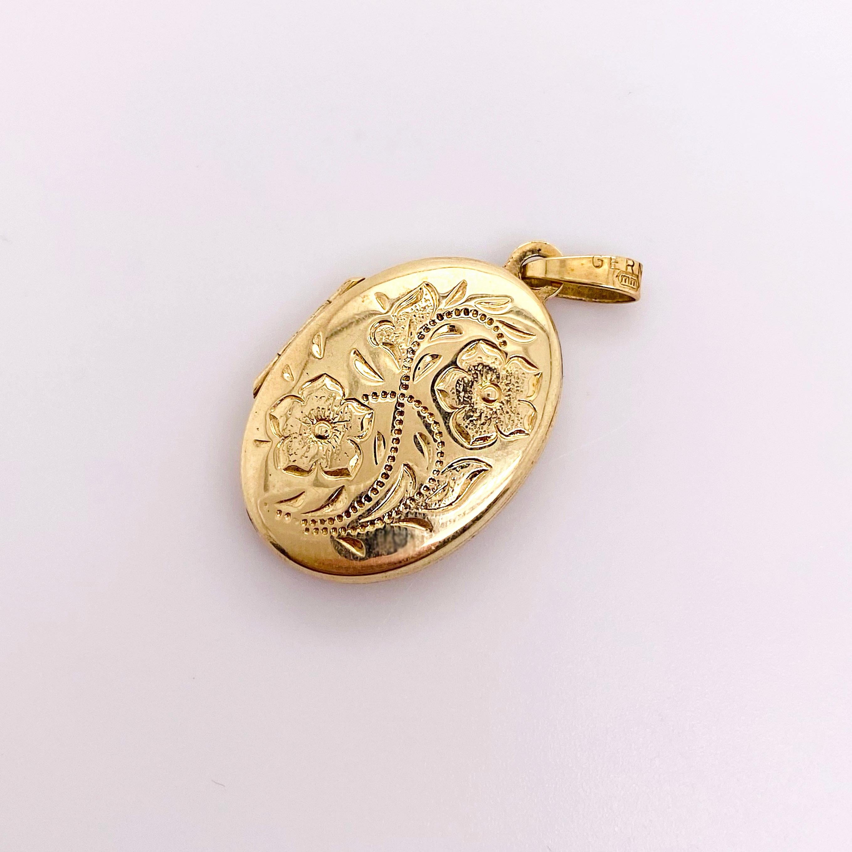Women's Gold Flower Locket, Vintage Inspired 14 Karat Gold Floral Oval Engraved Necklace