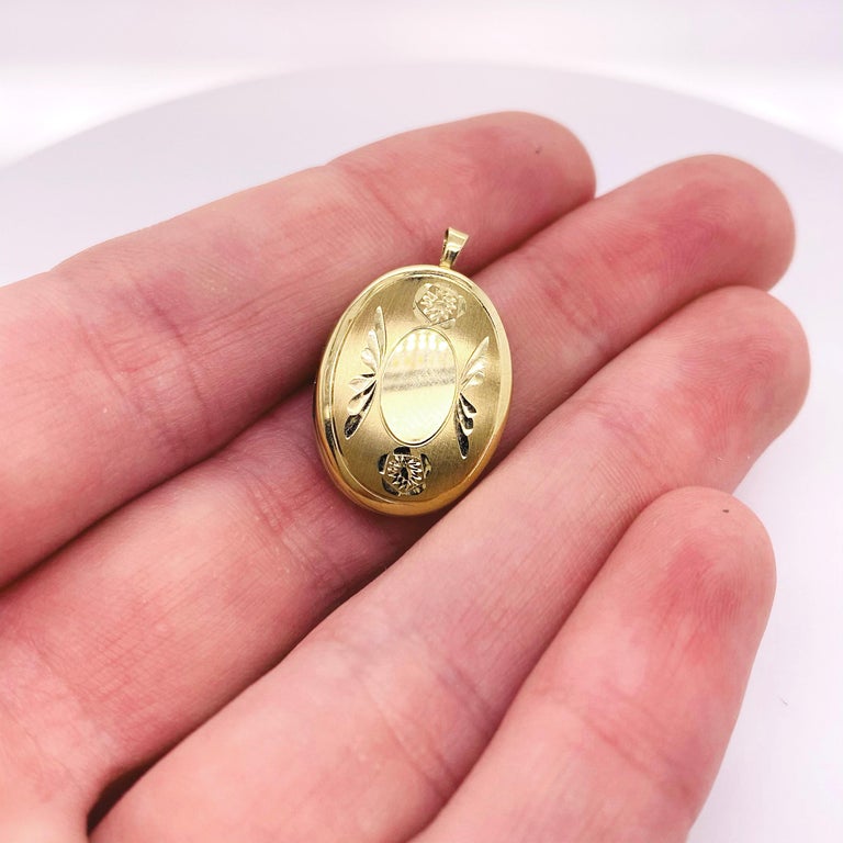 Gold Flower Locket, Vintage Inspired 14K Gold Floral Wing Oval Engraved