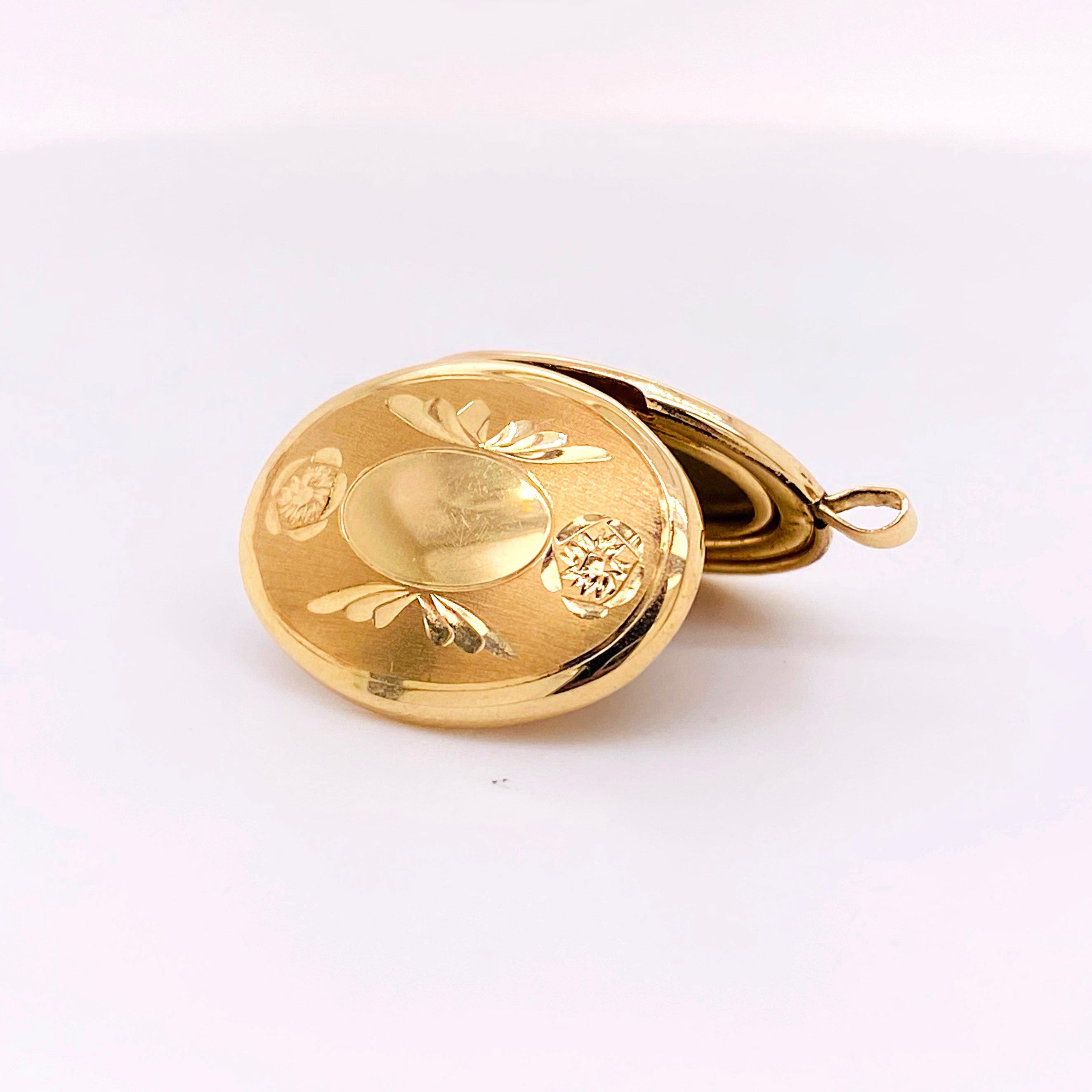 Gold Flower Locket, Vintage Inspired 14K Gold Floral Wing Oval Engraved Necklace In New Condition For Sale In Austin, TX