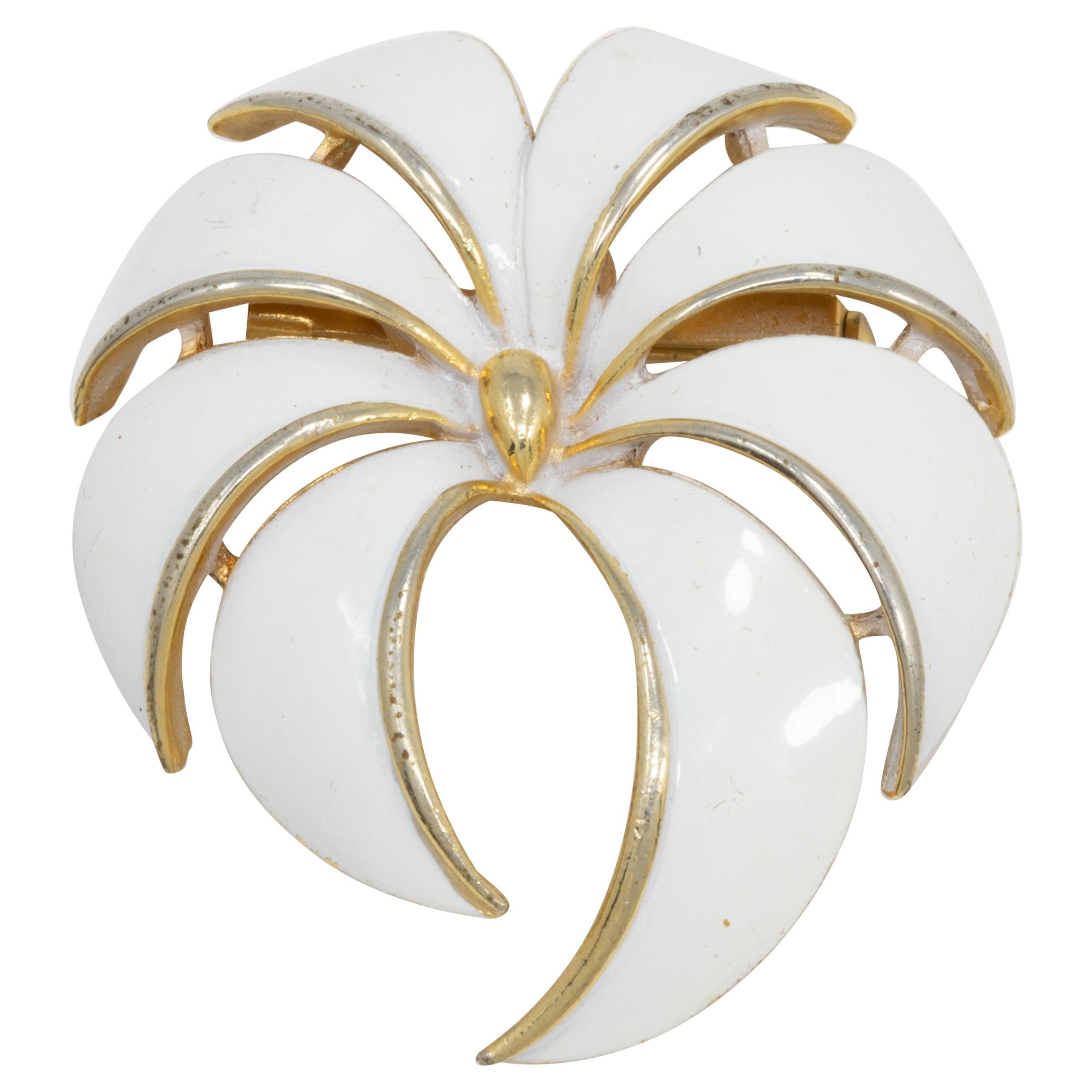 Gold Flower Pin Brooch, White Enamel, Mid to Late 1900s For Sale