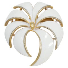 Gold Flower Pin Brooch, White Enamel, Mid to Late 1900s