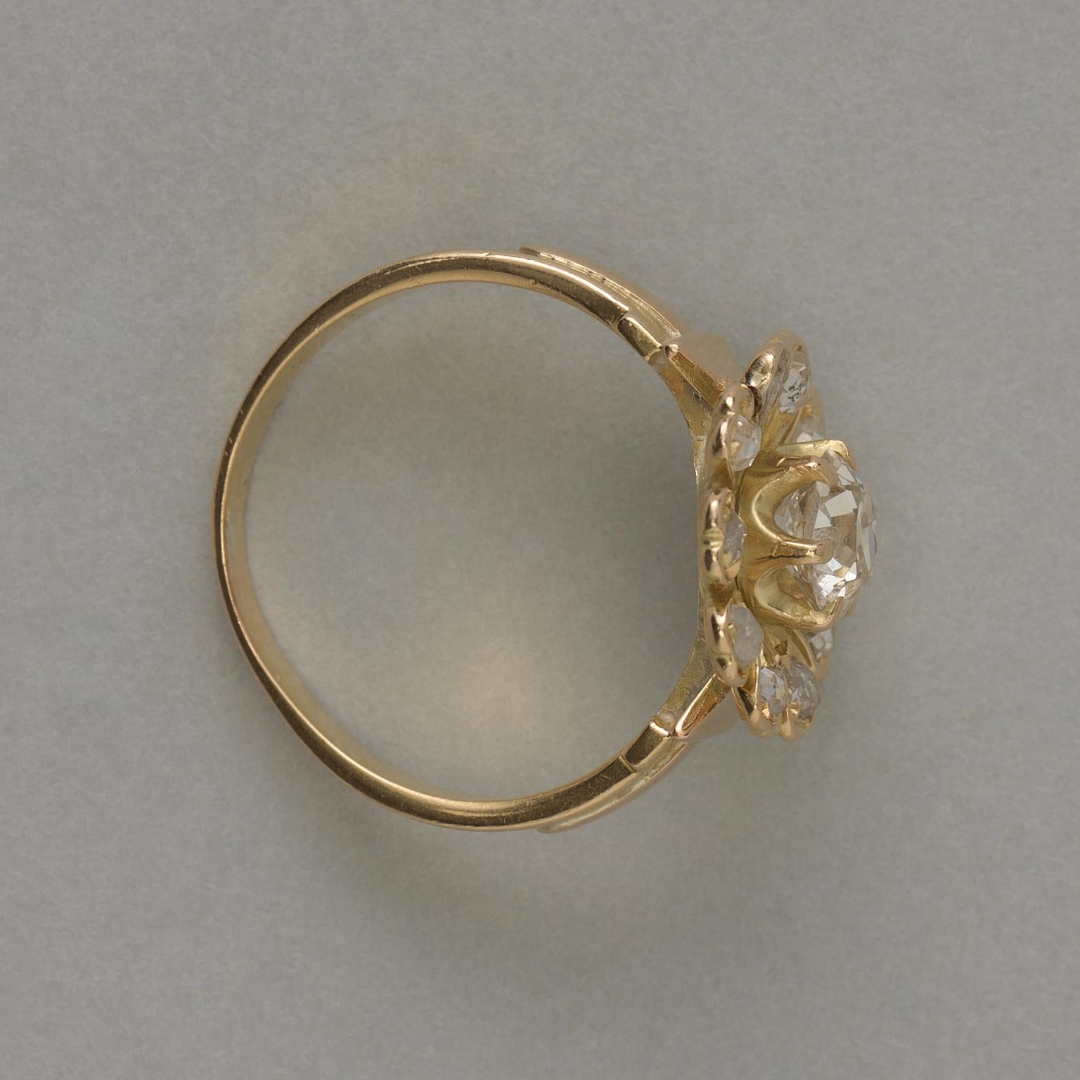 Old Mine Cut Gold Flower Ring with Diamonds