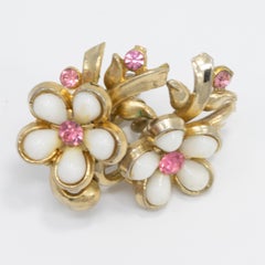 Gold Flower Rose and White Crystal Earrings, Screw Back, Vintage