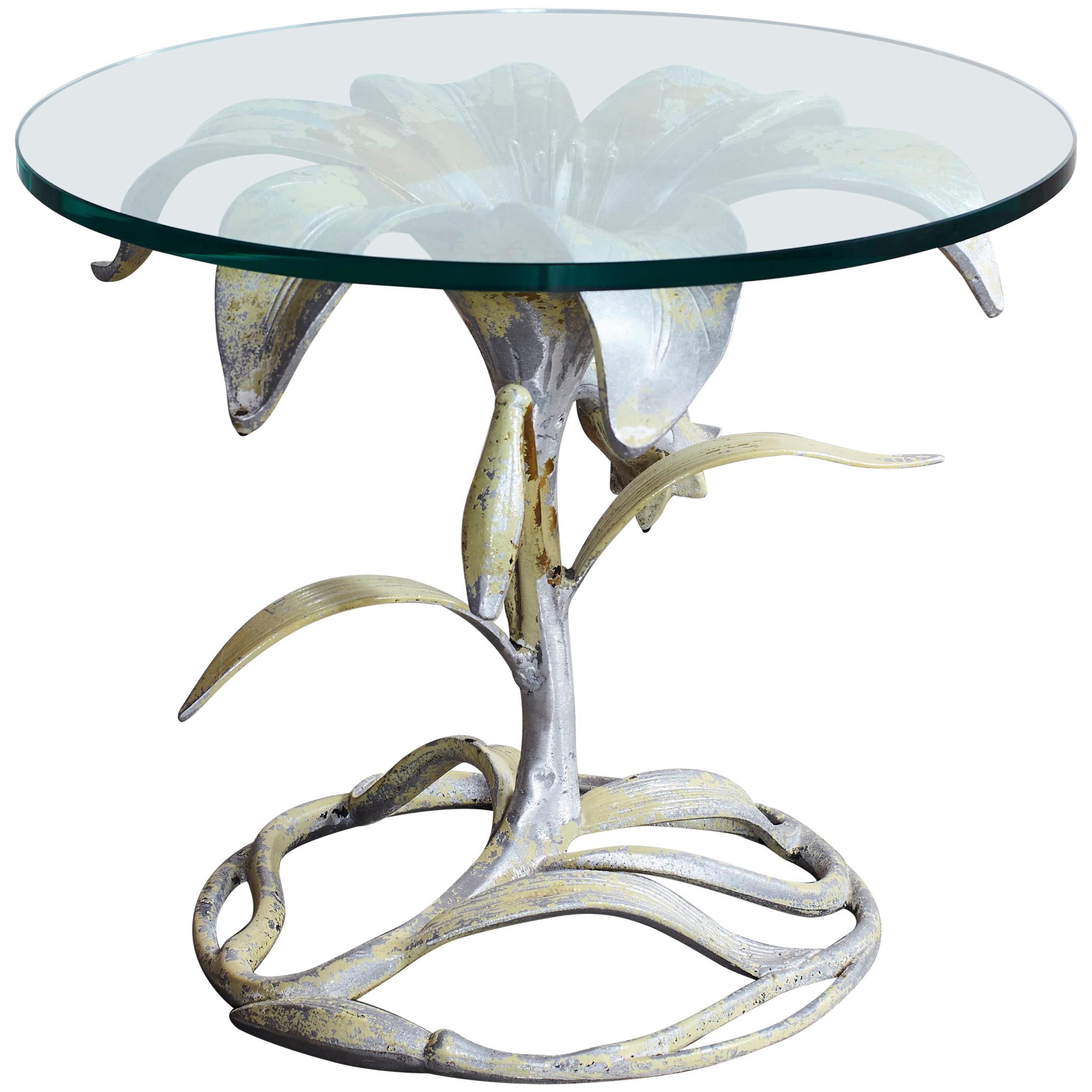 Gold Flower Shaped Side Table with Glass Top