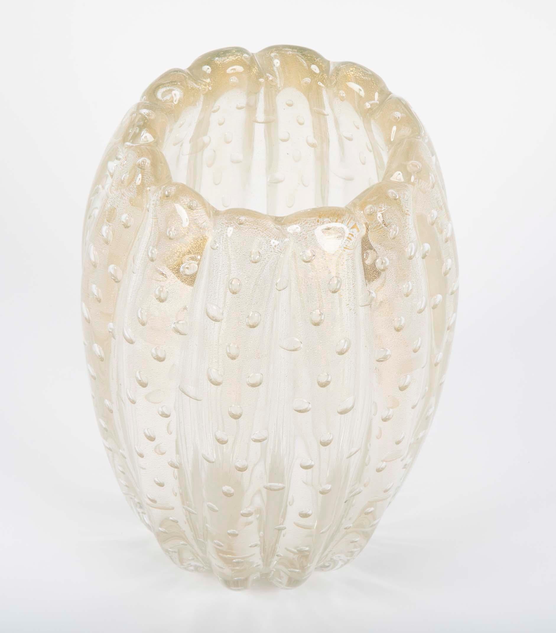 Mid-Century Modern Gold Fluted and Ribbed Clear Glass Vase by Ercole Barovier for Barovier & Toso