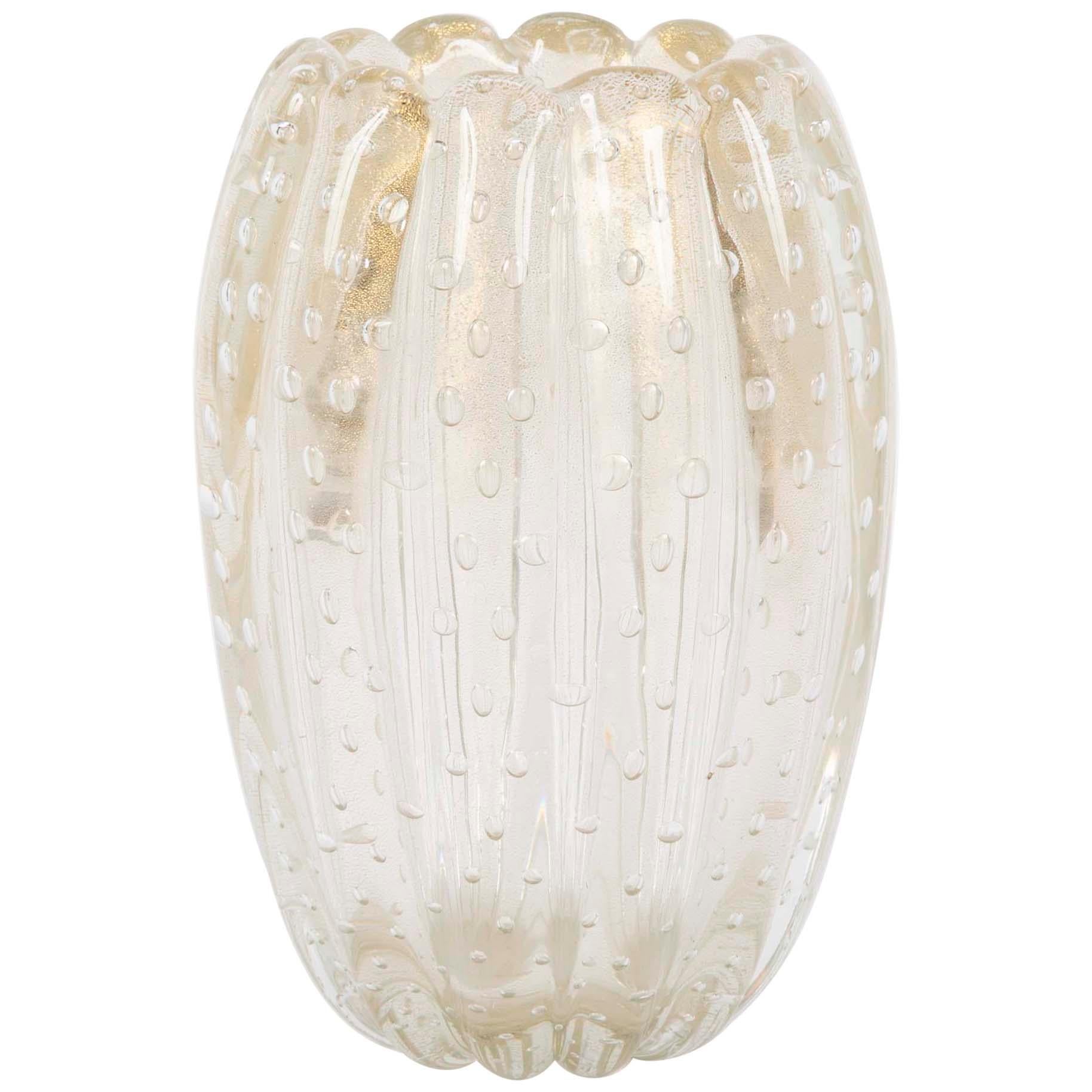 Gold Fluted and Ribbed Clear Glass Vase by Ercole Barovier for Barovier & Toso