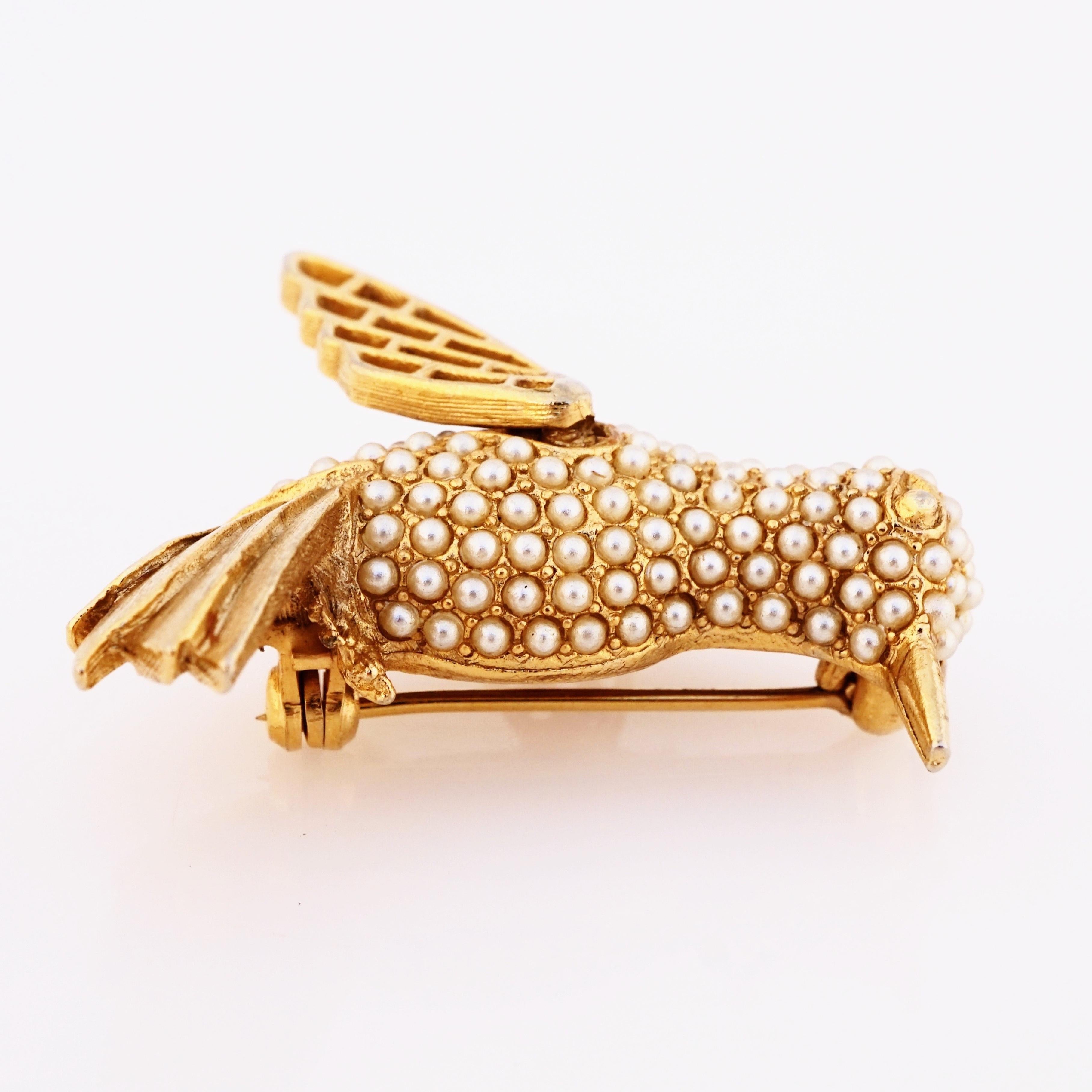 Modern Gold Flying Hummingbird Figural Brooch With Seed Pearl Pavé By Hargo, 1950s