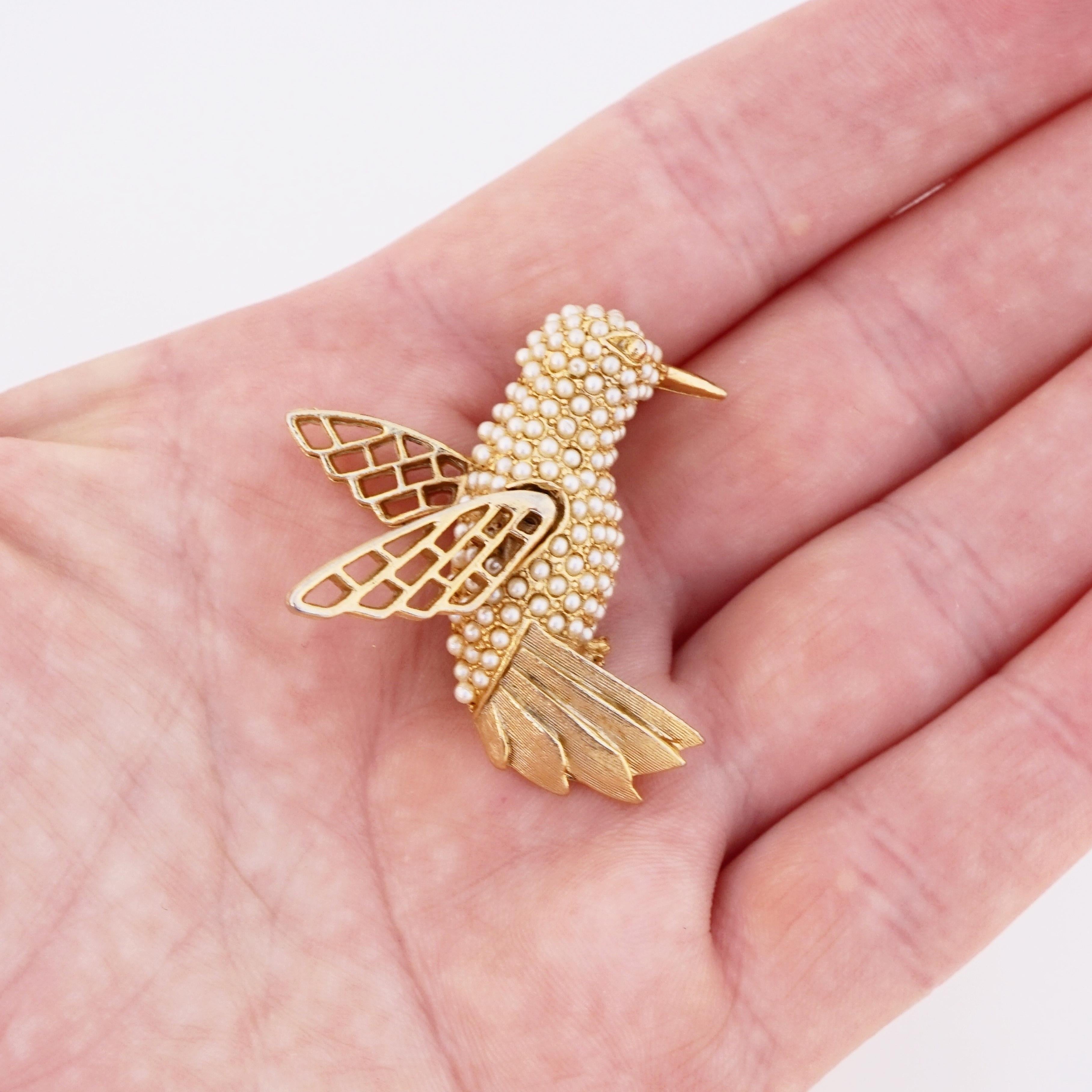 Women's Gold Flying Hummingbird Figural Brooch With Seed Pearl Pavé By Hargo, 1950s